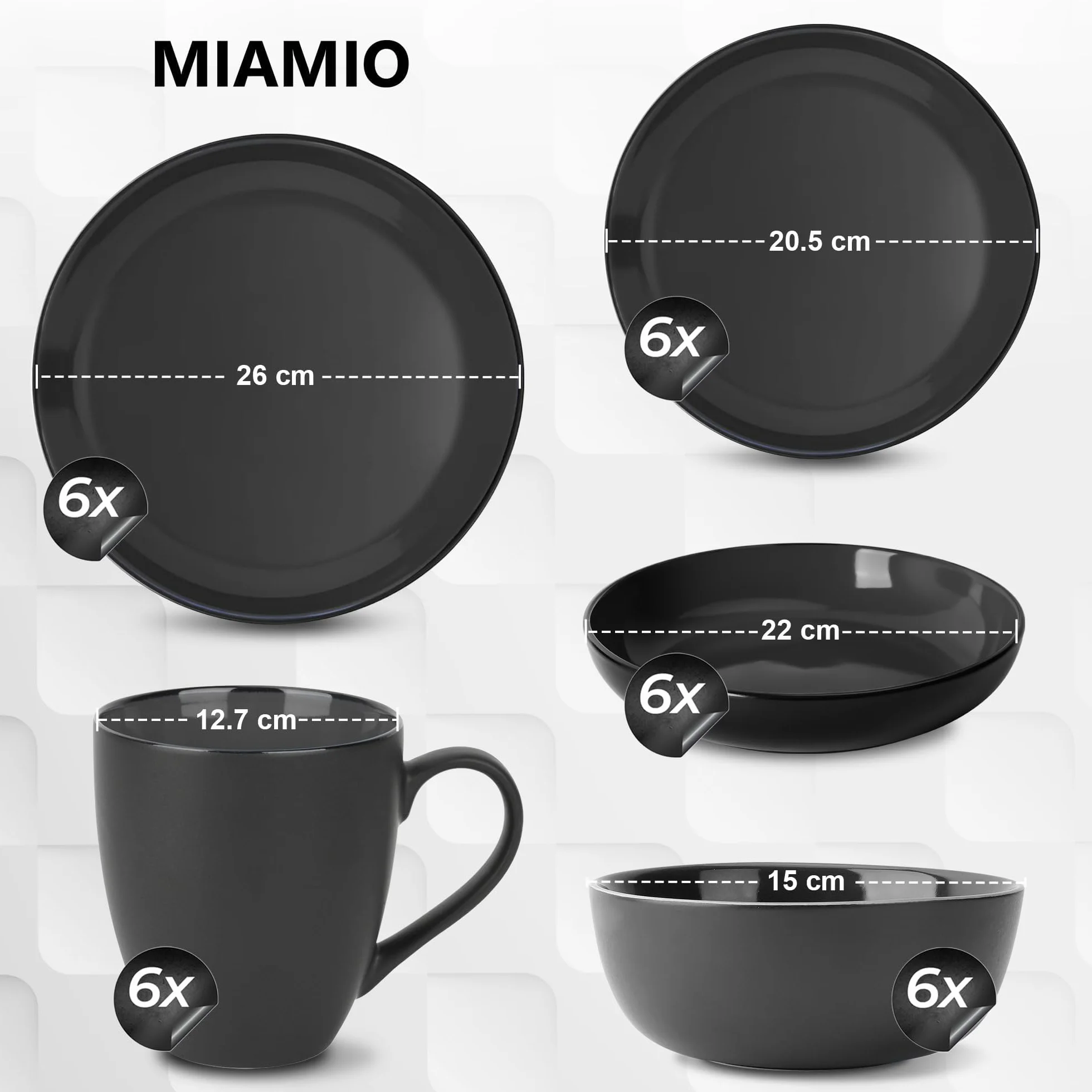 MIAMIO – Juego de Vajilla de 30 Piezas para 6 Personas/Vajilla de Gres – Incluye Platos, Tazones y Tazas – Apto para Microondas y Lavavajillas – Colección Le Papillon (Negro)