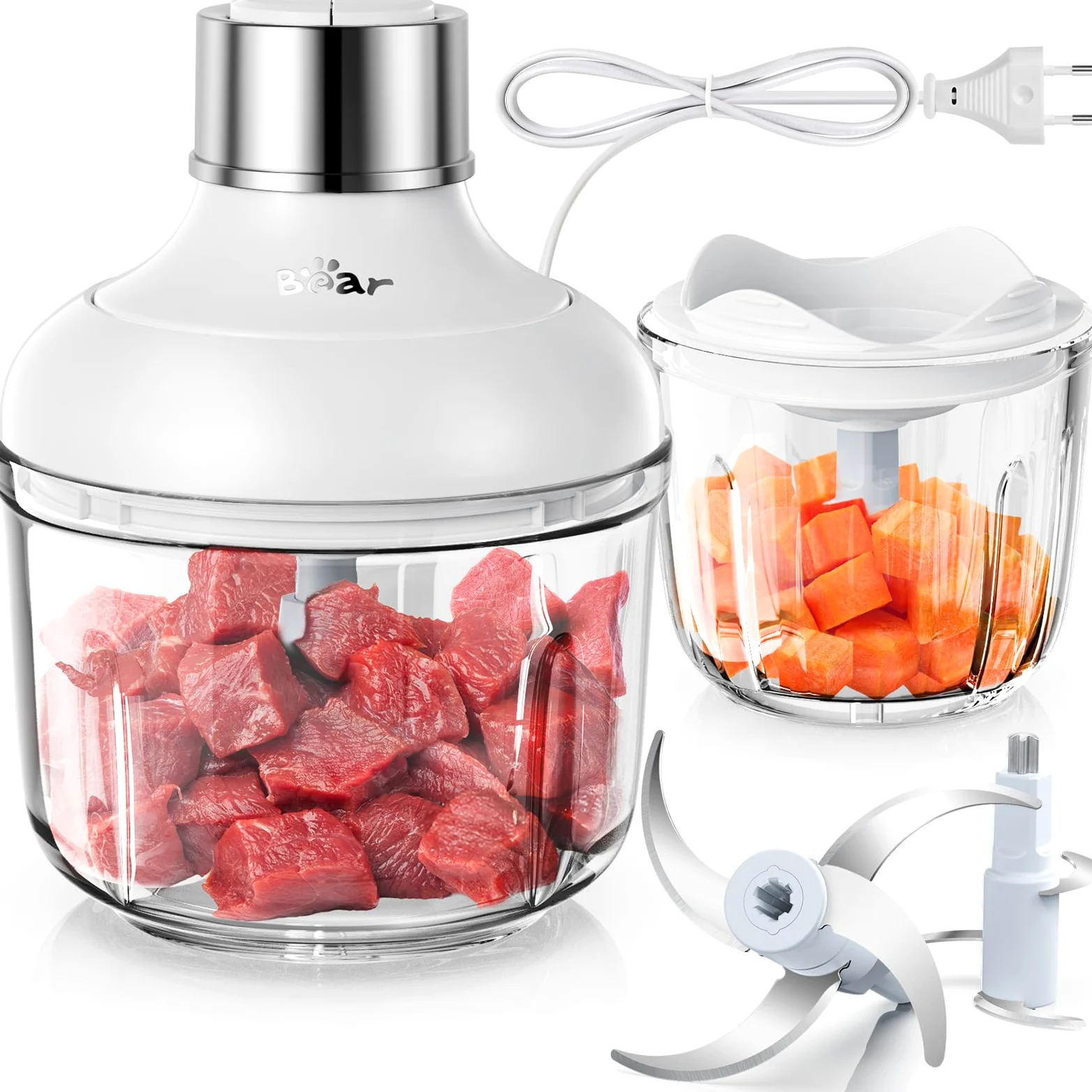 Bear 0.6l+2L Picadora de Alimentos,Clase de 2 Velocidades, Trituradora de Cocina Eléctrica, Trituradora de 300w, con 4 Cuchillas de Acero Inoxidable y Picadora de Carne