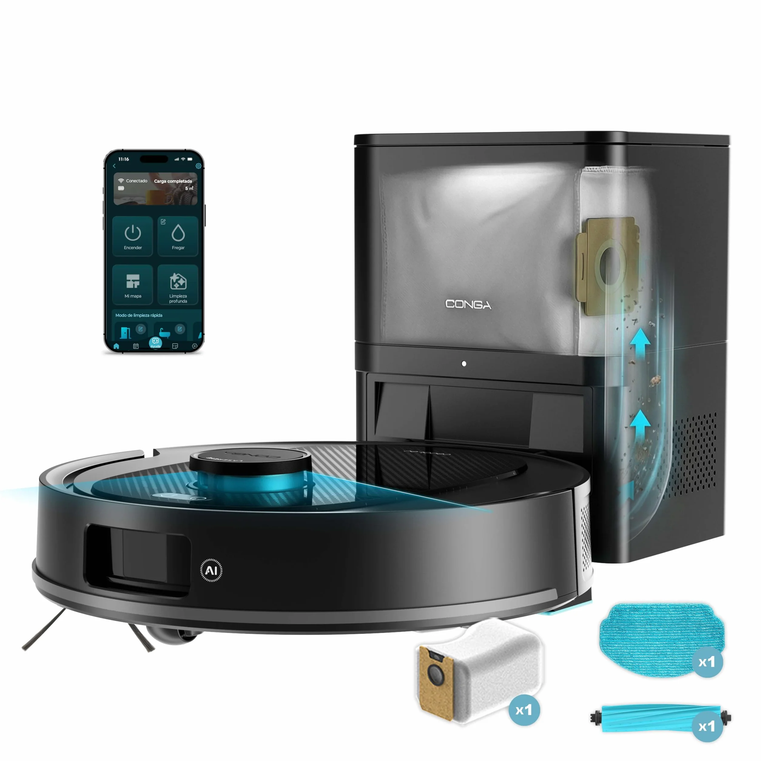 Cecotec Robot Aspirador y Friegasuelos con Base de Autovaciado e IA Conga Y80 X-Treme. Navegación Láser e Inteligencia Artificial, 13000Pa, Base de 2.5L, Autonomía hasta 220m², Control App 3.0