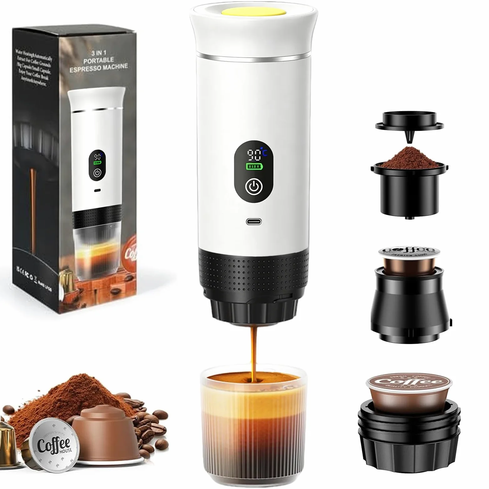 Mini cafetera de viaje 3 en 1 portátil con batería, máquina de café de viaje para coche, máquina de café espresso compatible con cápsulas y café molido para senderismo, oficina, autocaravana