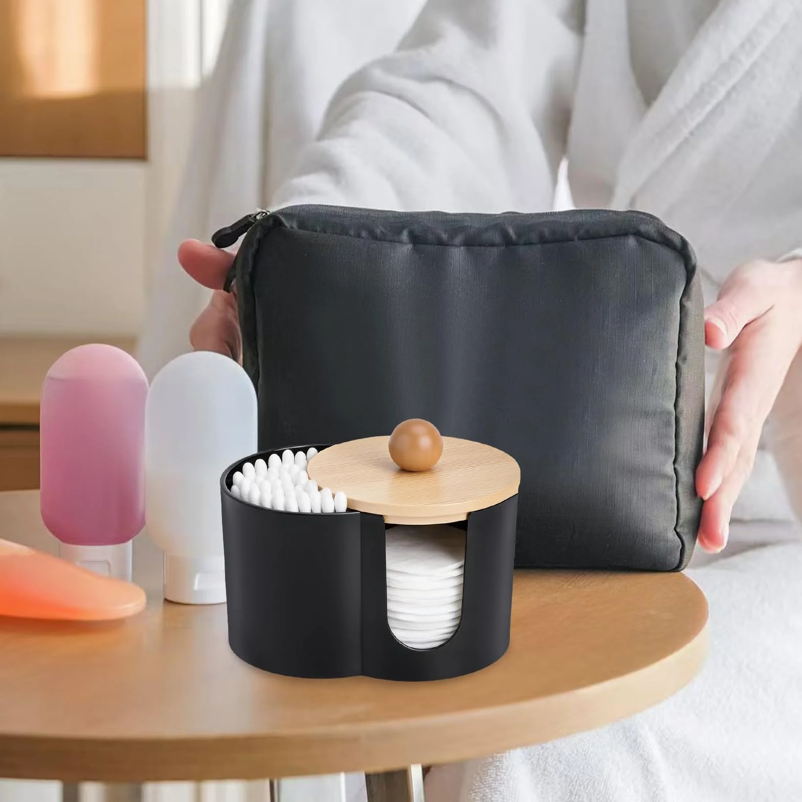 Cotton Swab Dispenser de 2 Piezas, Soporte para Discos de Algodón y Bastoncillos con Tapa, Dispensador Discos Desmaquillantes de Plástico para el Cuarto de baño, el tocador y el Salón