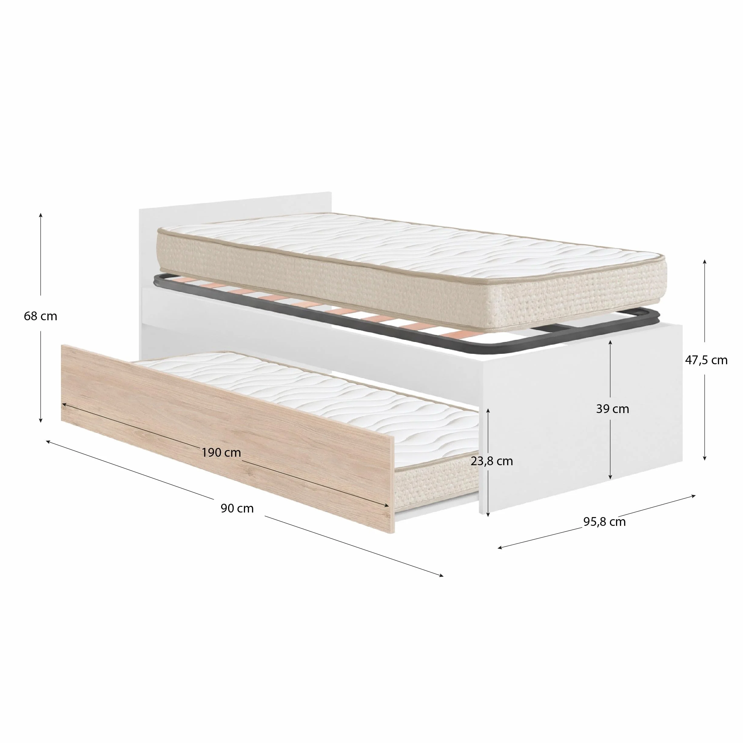 DEKIT - Pack Ahorro Juvenil Cama Nido con cabecero Top, 1 somier Lama Ancha y 2 colchónes viscoelásticos Nova 90 x 190 cm