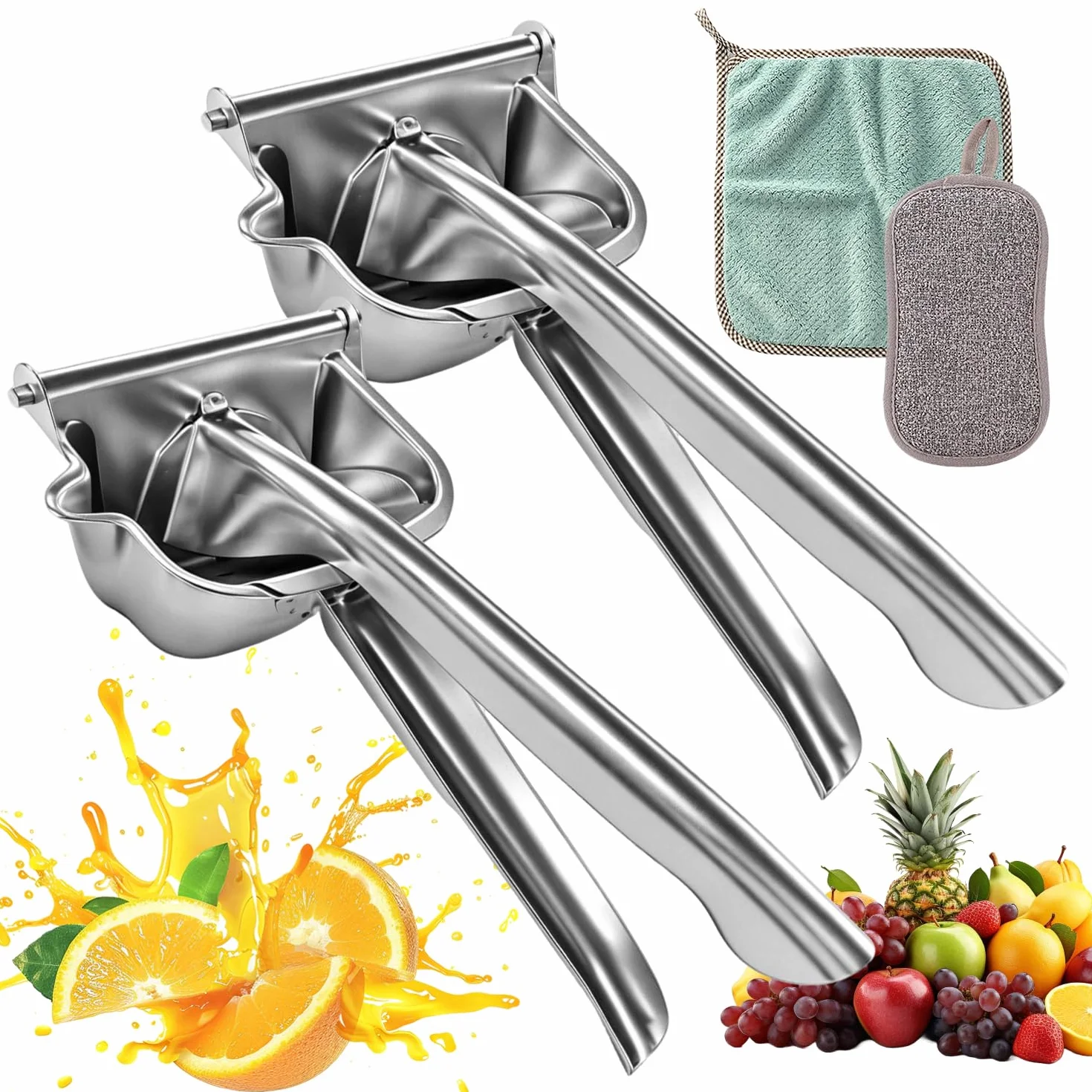 2 Piezas Acero Inoxidable 304 Exprimidor Limon Exprimidor Manual Lemon Squeezer Principio de Palanca Exprimido Eficaz Facil de Limpiar para Limones Naranjas Limas Granadas y Otras Frutas | Acero inoxidable 304 | Mango ergonómico | compacto ahorra espacio