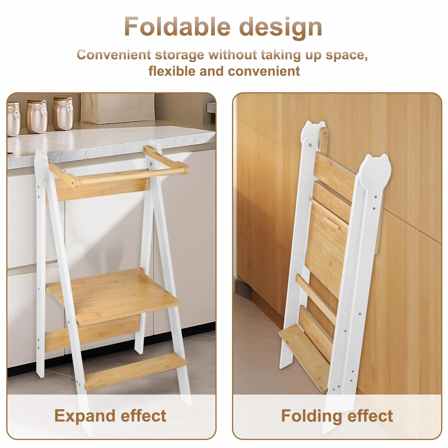 Torre Montessoriana de aprendizaje plegable, multiusos, torre de aprendizaje de madera natural de abedul, torre de observación infantil, plegable, seguridad, 88 x 45 x 45 cm