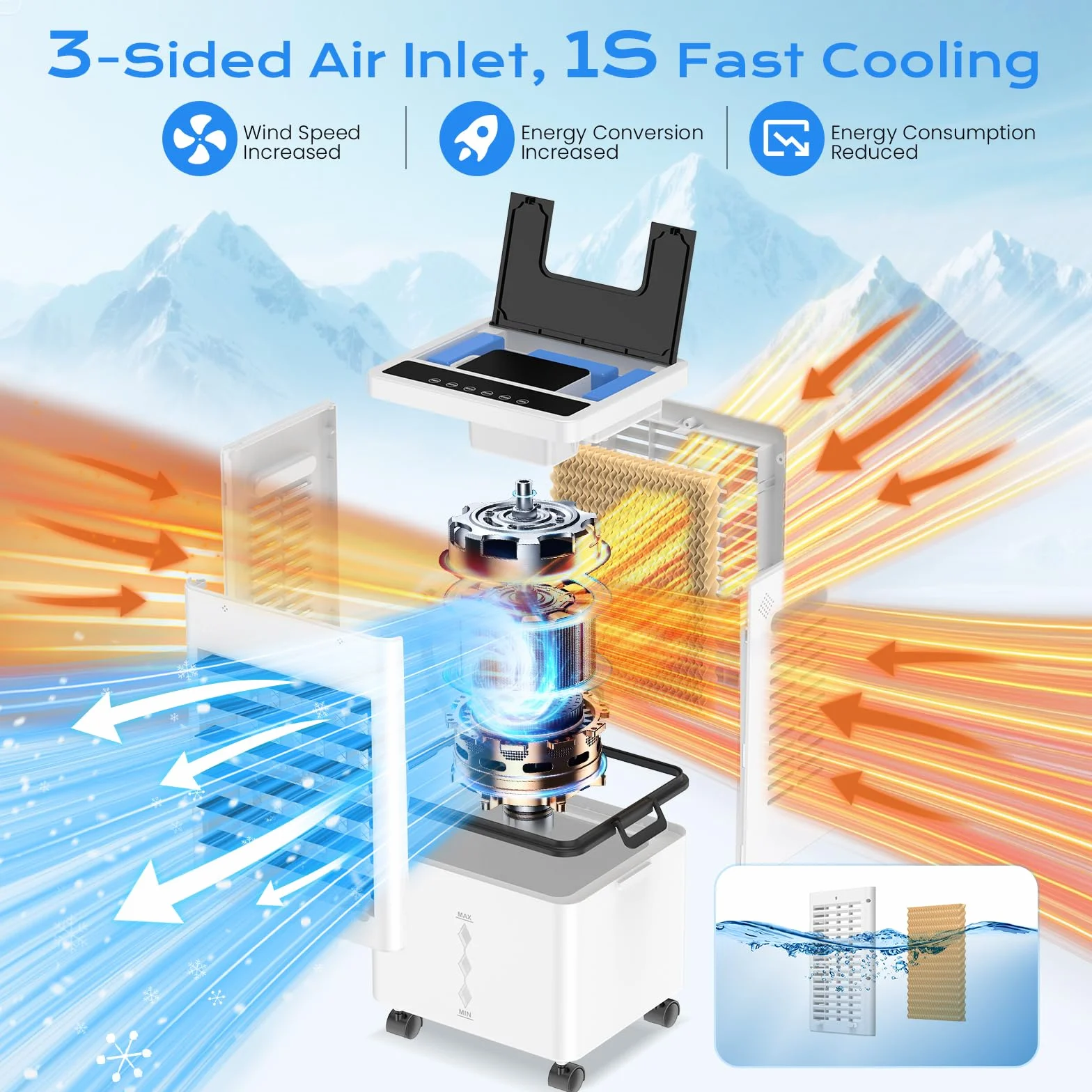 Aire Acondicionado Portátil sin Tubo 12L, 45W 4 en 1 Enfriador de Aire Silencioso, 6 Velocidades 3 Modos, Oscilación, Temporizador de 1-12 H, Control Remoto 4 Packs de Hielo para Hogar Oficina