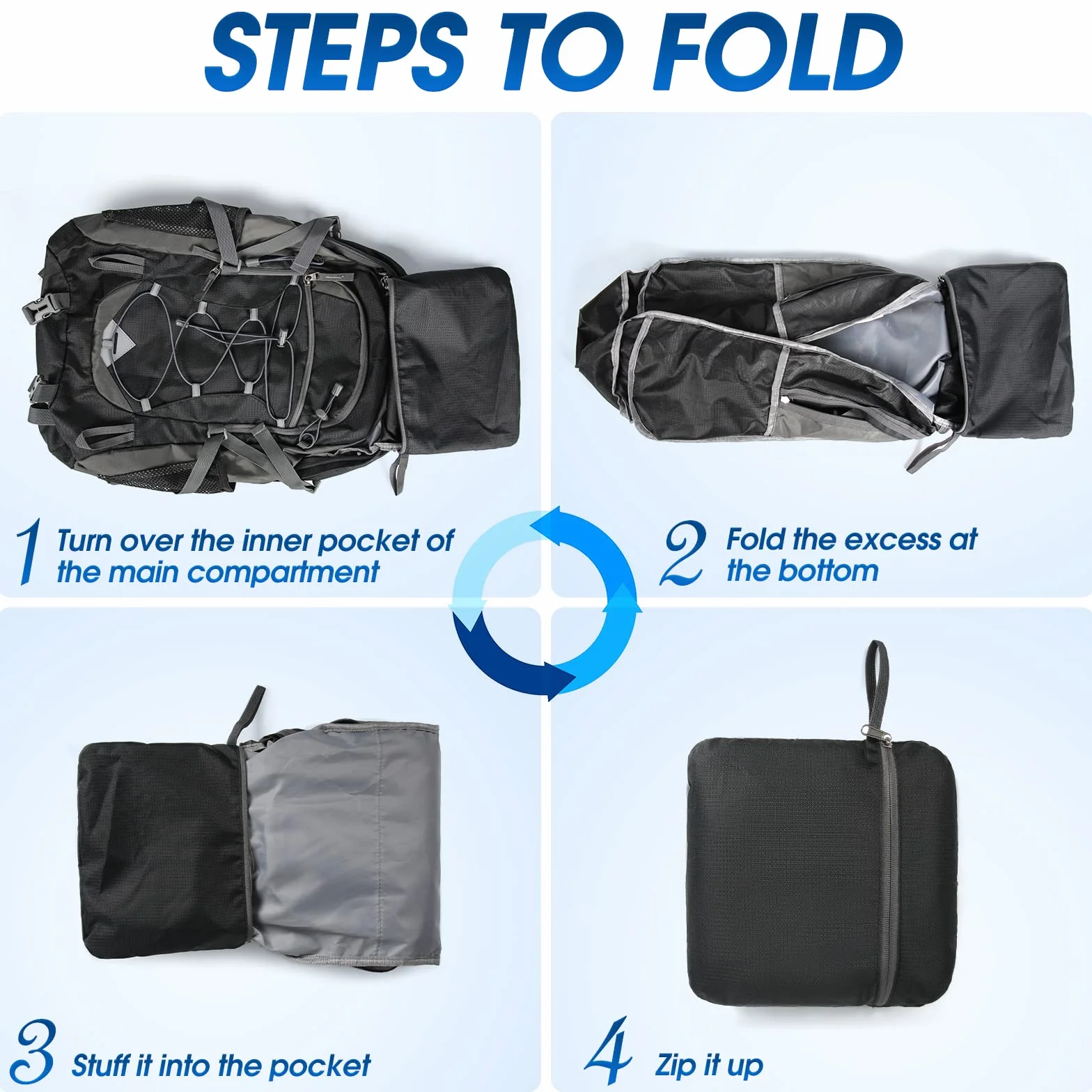 Mochila de Senderismo 40L Ultraligera Plegable para Camping Viajes, Negra
