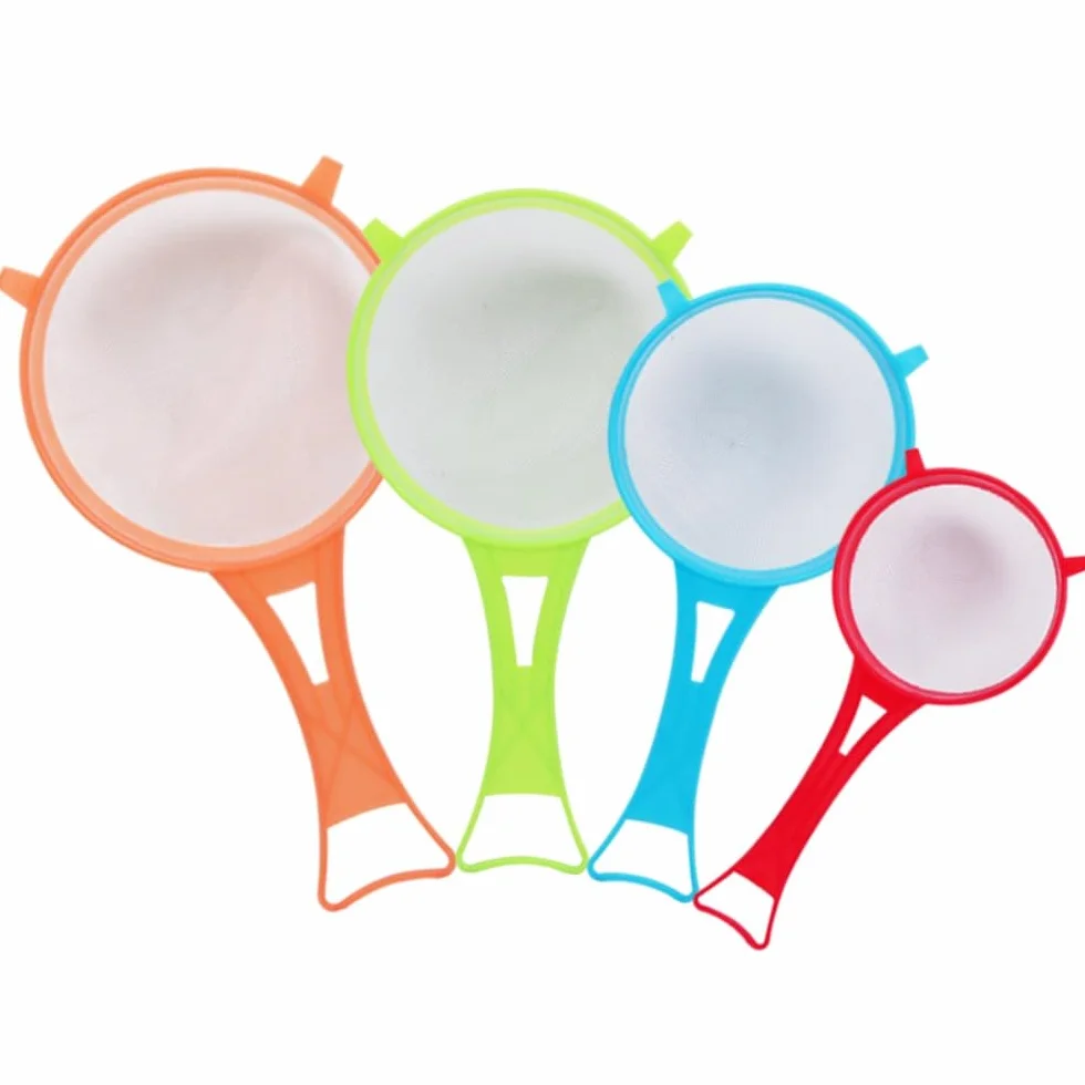 Juego de 4 Coladores de Malla Fina de Plástico con Mango Largo para Harina, Leche de Soja, Yogur, Té, Jugo, Azúcar - Herramientas de Cocina Multiusos