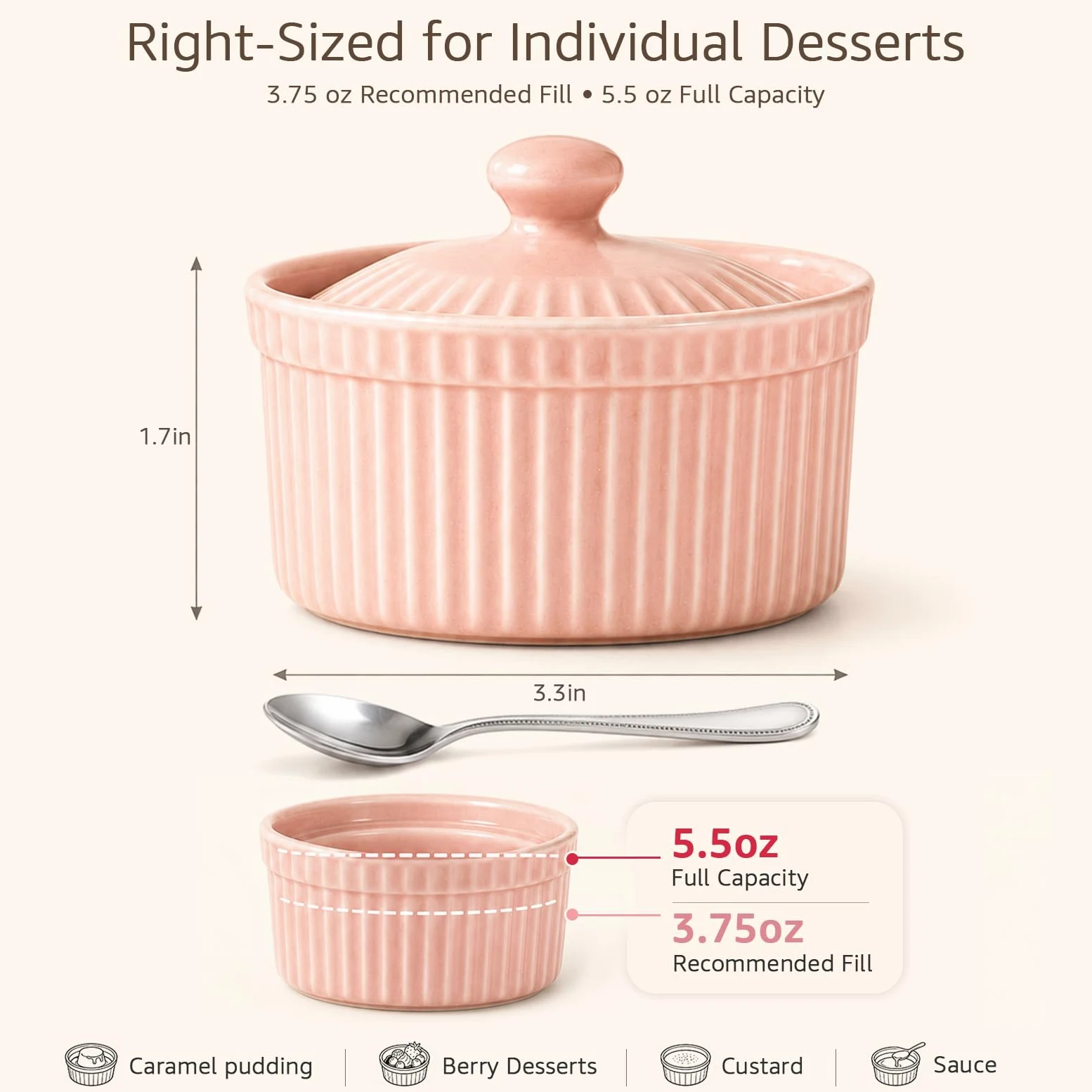Meltset - Ramequines de 5.5 onzas con tapas, cuencos de cerámica aptos para horno, platos de porcelana para hornear soufflé, crema brulee, pastel de lava, postres de helado, aperitivos (juego de 5)