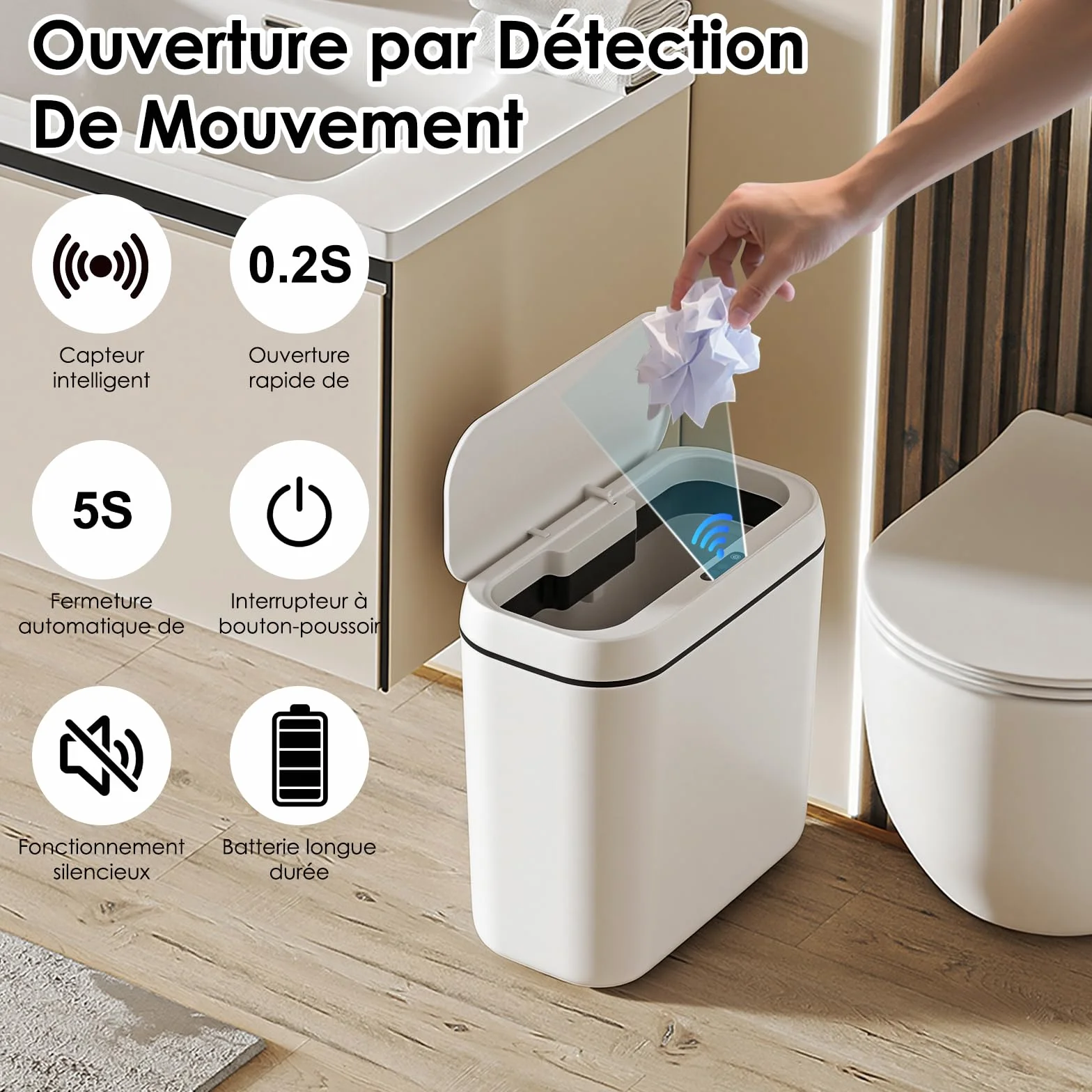 Cubo de Basura Inteligente Silencioso Cubo Basura Automatico Carga USB Cubos Basuras con Sensor Papelera Inteligente Papelera Baño con Sensor para Cocinas, Oficinas, Salones y Baños