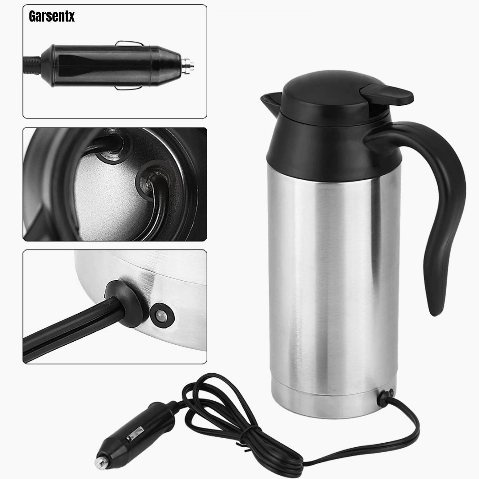 Caldera de viaje, 750ml 12V acero inoxidable portátil caldera de coche eléctrico, taza de café del coche con el encendedor de cigarrillos Cargador caldera eléctrica taza de agua caliente para el agua