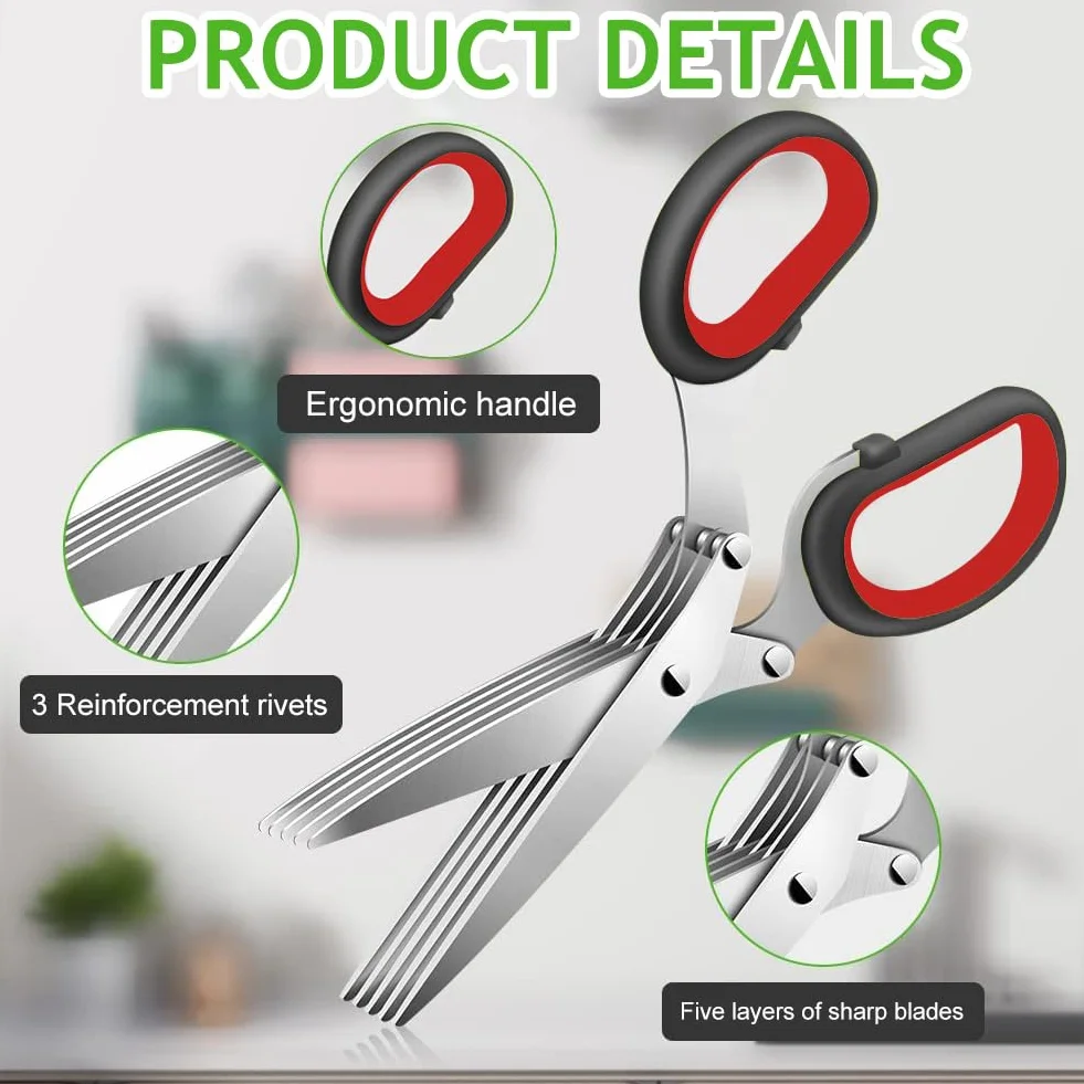 Tijeras para hierbas, tijeras de cocina de 5 cuchillas de acero inoxidable, tijeras de especias cebolletas con tapa de seguridad y peine de limpieza para hierbas aromáticas, cebolletas, negro rojo