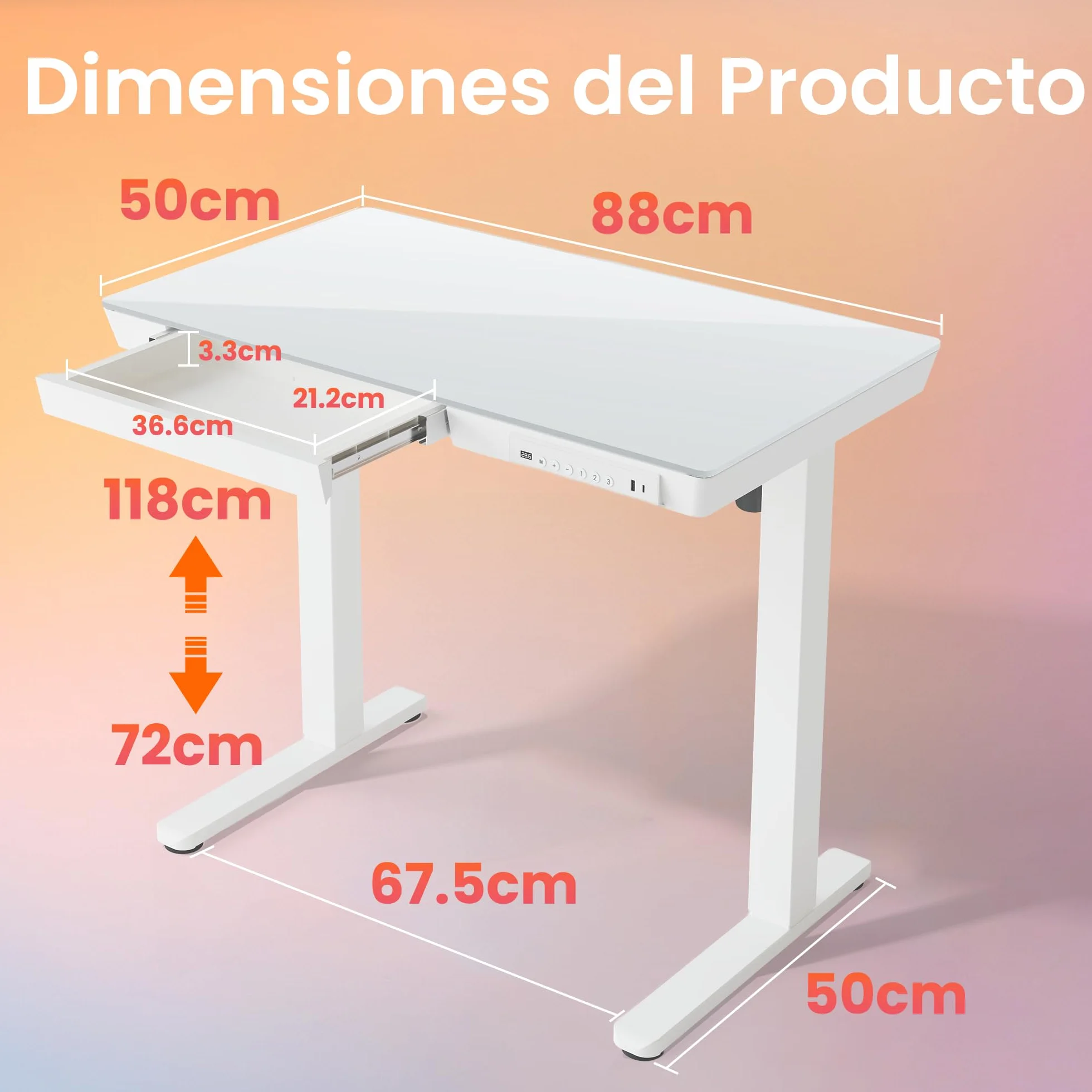 HUANUO 88 x 50 cm Escritorio Elevable, Mesa Elevable de Vidrio con Cajón, Puerto Carga USB y Panel Inteligente de 3 Memorias, Vidrio Blanco