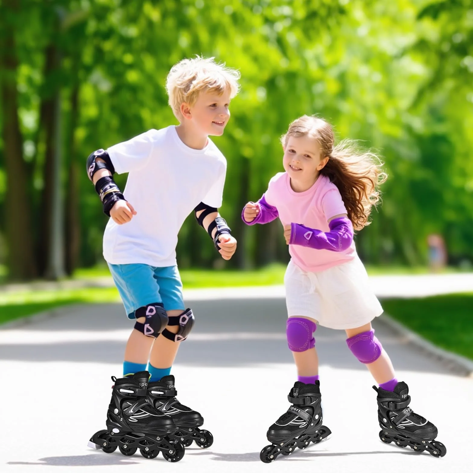 Patines en línea Ajustables para Niños y Niñas, Negro y Blanco, 4 Ruedas Luminosas para Adolescentes y Adultos