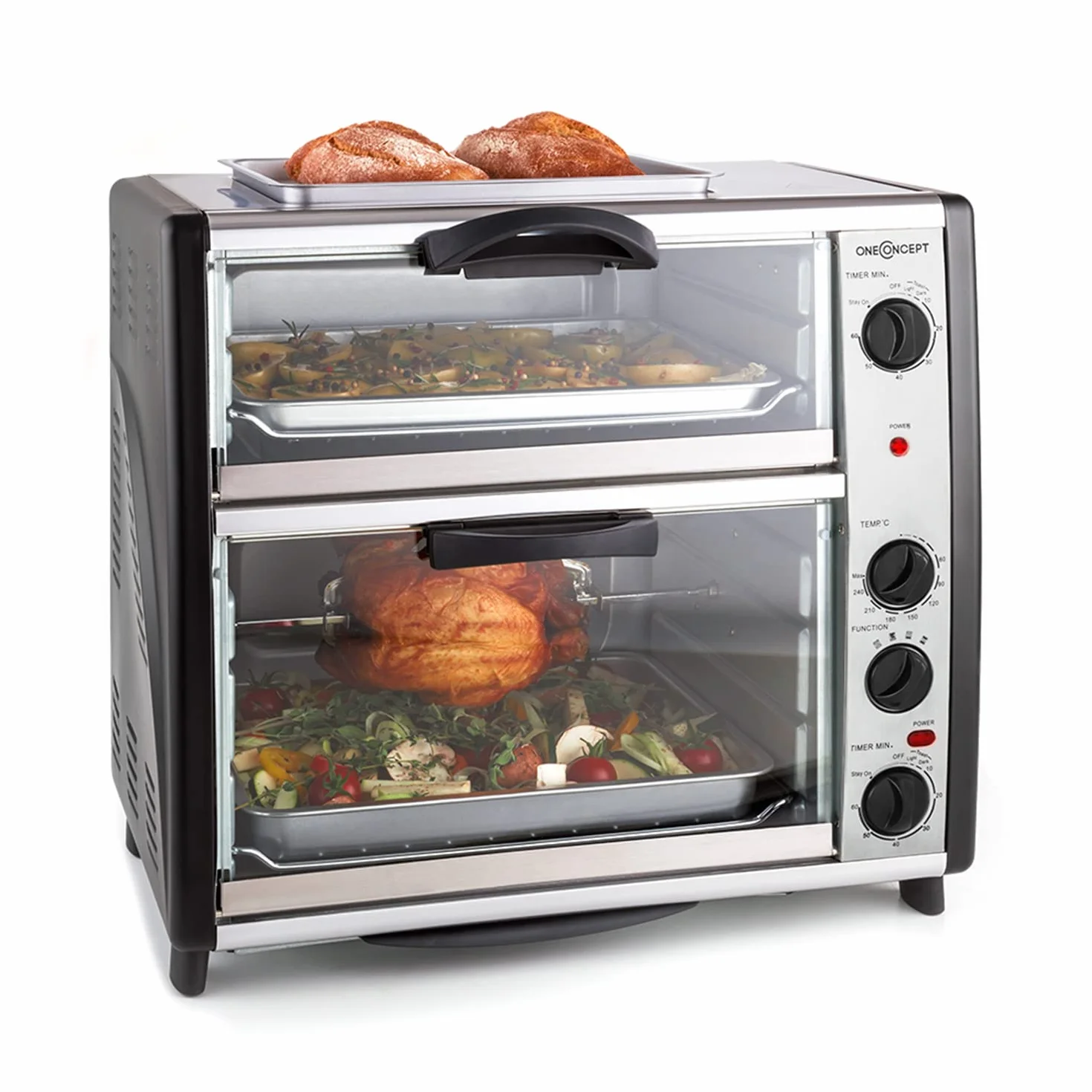 oneConcept All-You-Can-Eat Horno eléctrico doble - 2 cámaras de cocción, Parrilla superior, Capacidad Total 42 L, 2400 W, Temperatura: 60-240°C, Temporizador, Acero inoxidable, Plateado