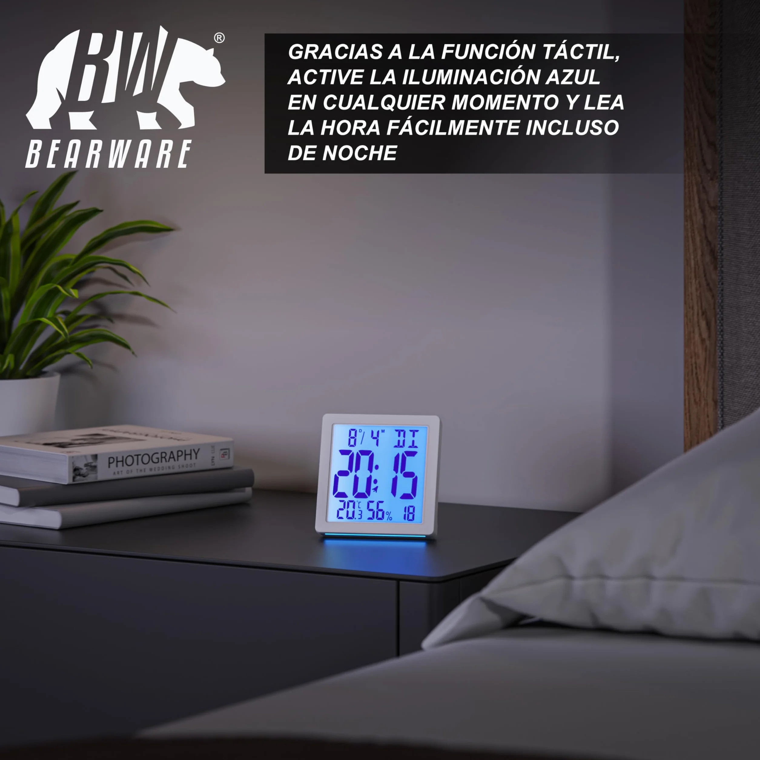 Reloj Despertador Digital con 10,3cm Pantalla LED de Temperatura Humedad Fecha y día, Alarm Cloc Snooze Termómetro Formato 12/24 horas, Reloj digital de Mesa de Viaje para Sala de Oficinas Familiares