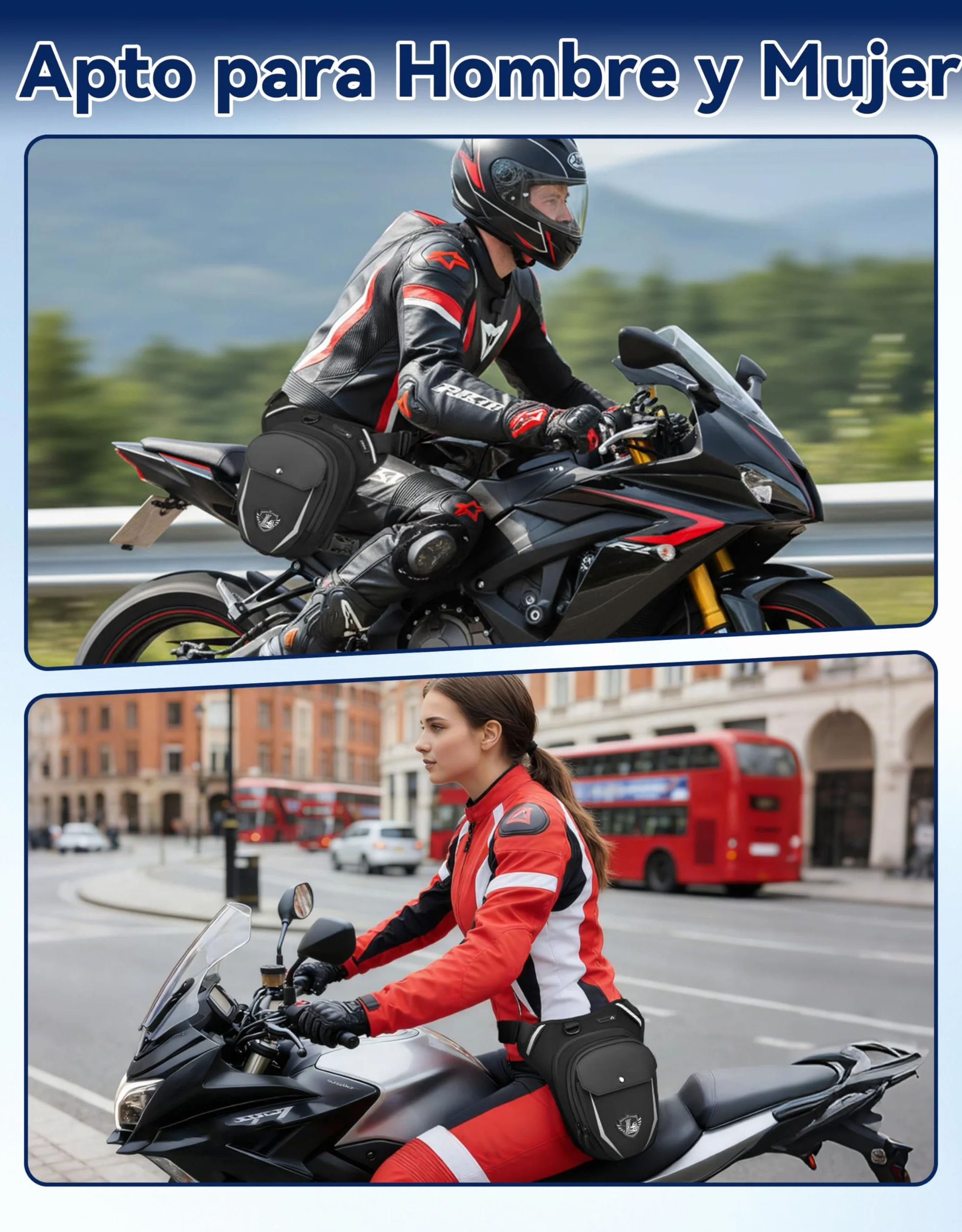 Leathario Riñonera Pierna Impermeable Multifunción Moto con Correas Ajustables y Mosquetones Negro