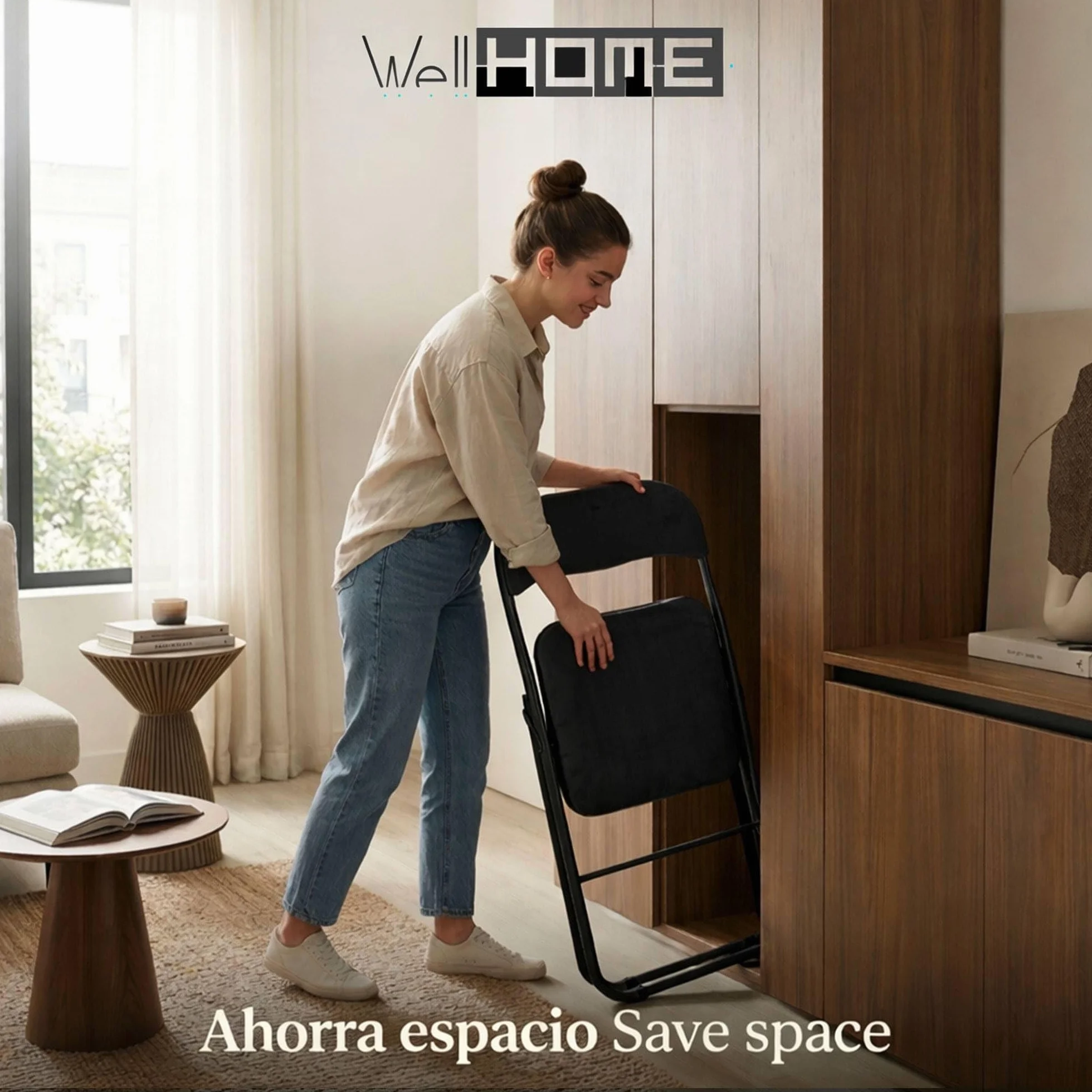 Well Home Silla Plegable Terciopelo Asiento 40x38cm, Acolchada, Estructura metálica, Negra