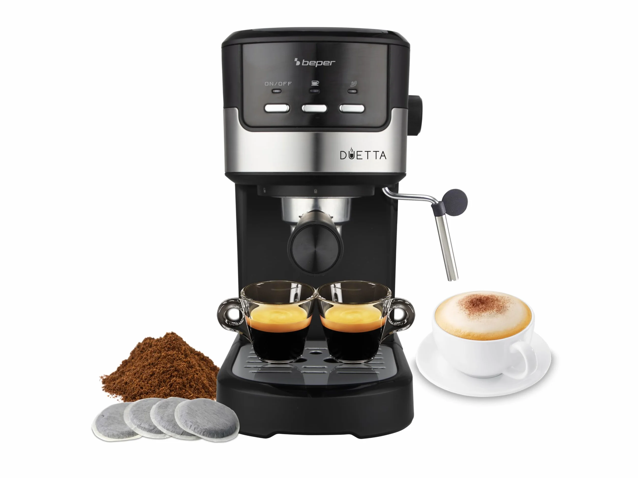 BEPER P101CAF100 Cafetera Espresso Duetta, 1100W, Compatible con monodosis y café en polvo, Cafetera con brazo de salida doble, 15 bar, Calienta tazas, vaso medidor y prensador incluidos, Negra