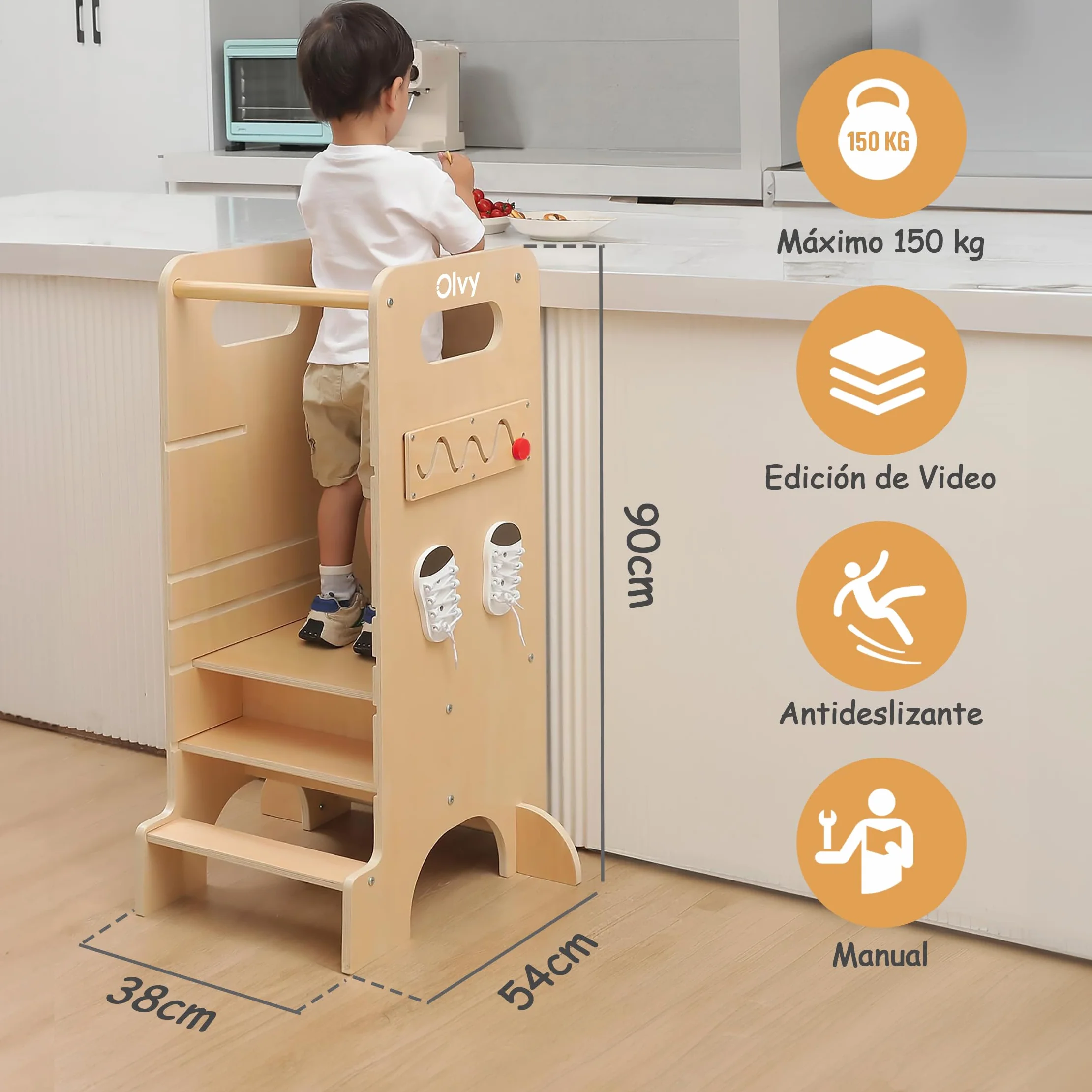 Olvy Kids Torre de Aprendizaje Montessori 4 en 1 - Taburete Escalón de Madera Plegable para Cocina