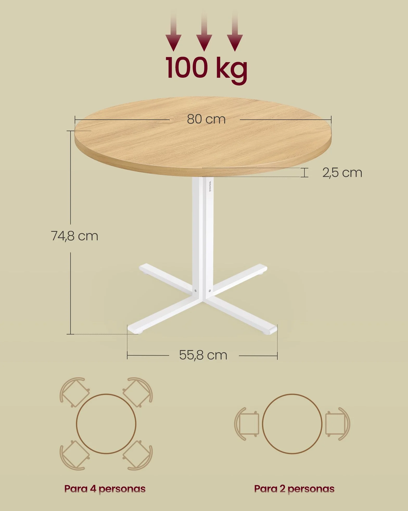 VASAGLE Mesa de Comedor Redonda, Mesa de Cocina Pequeña para 4 Personas, Estilo Rústico, Superficie Resistente al Agua, Diámetro de 80 cm, Alto de 74,8 cm, para Salón, Roble Dorado KDT082Y02