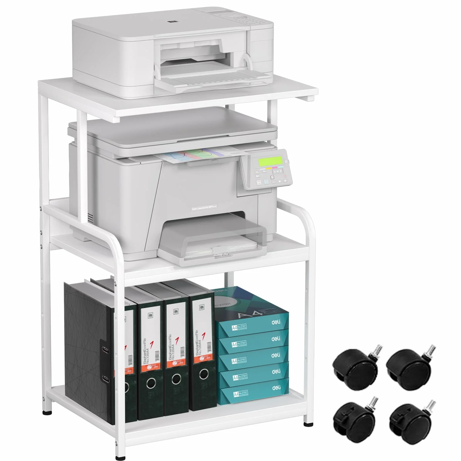 Soporte de impresora de 3 niveles, mesa de impresión con ruedas, carro de impresora de metal, estante para oficina, hogar, escuela y estudio, armario de impresora para fax, fotocopiadora, escáner