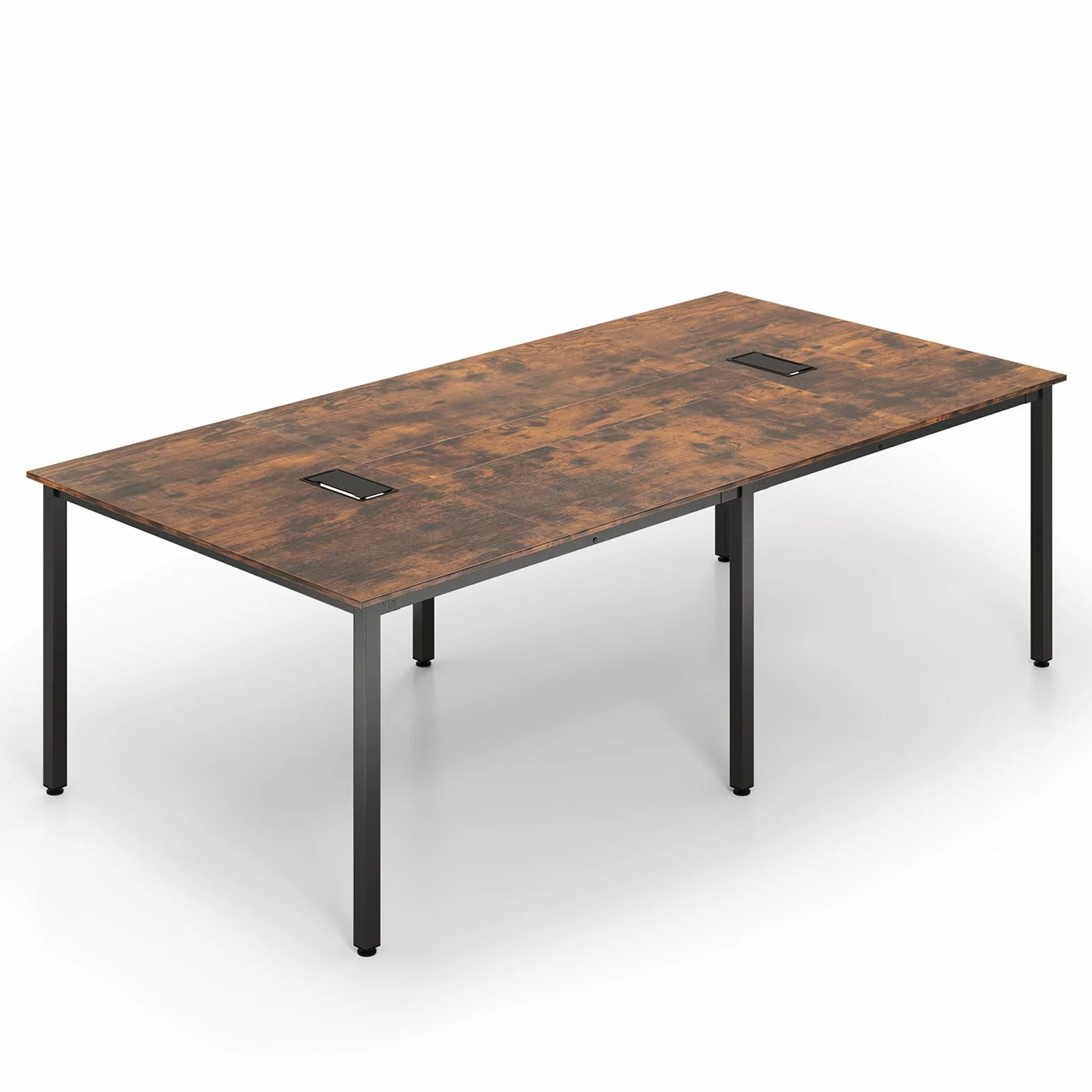 COSTWAY Mesa de Reunión 240 x 120 cm, Mesa Grande de para 10 Personas, Escritorio Rectangular con 2 Pasacables, Oficina, Sala de Juntas, Marrón Rústico