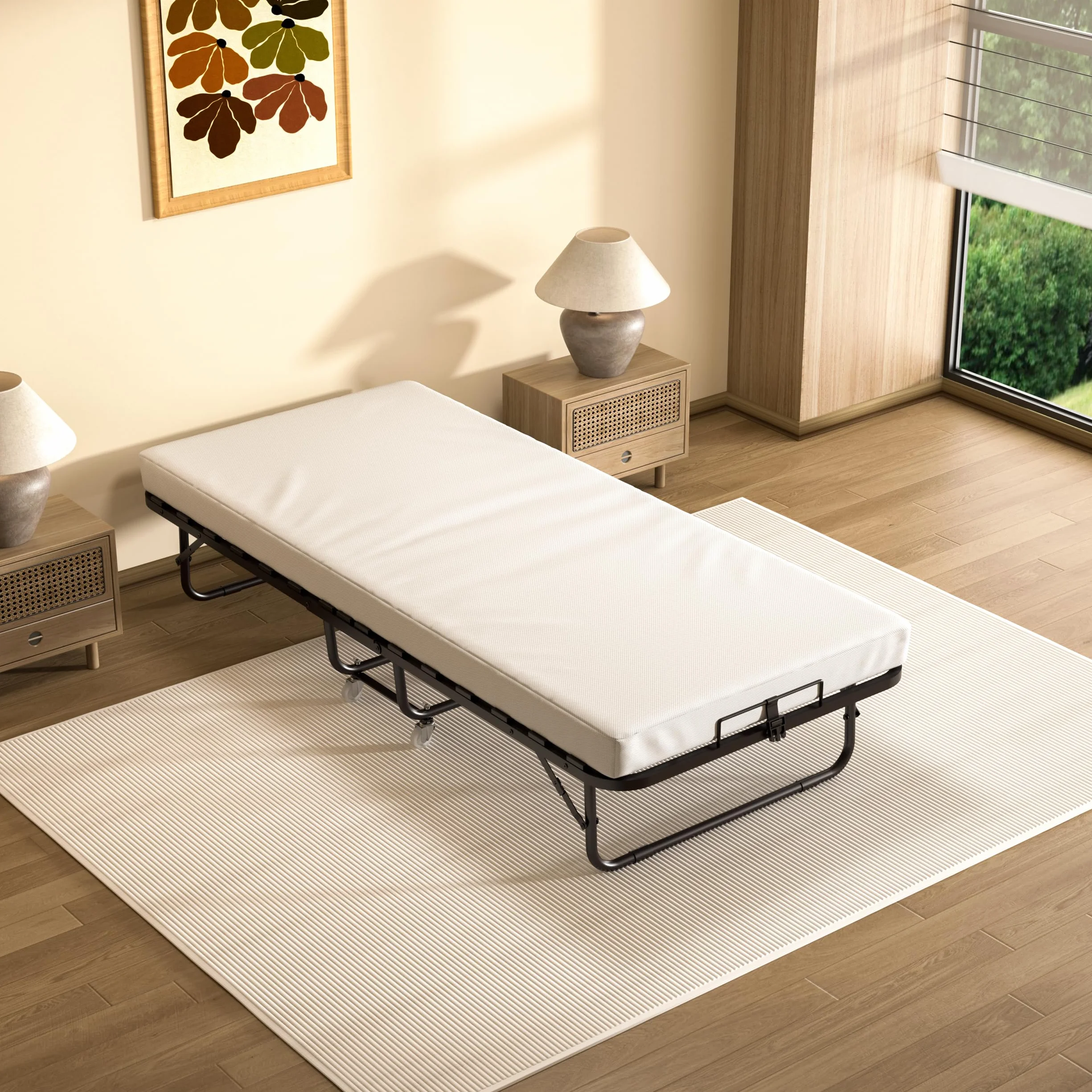 DEWINNER Cama Plegable 90x190 | Cama para 1 Persona con Colchón de 10 cm | Somier Individual de Listones de Madera de 90 x 190 | Camas Ahorra Espacio con Ruedas | Cama con Colchon Plegable