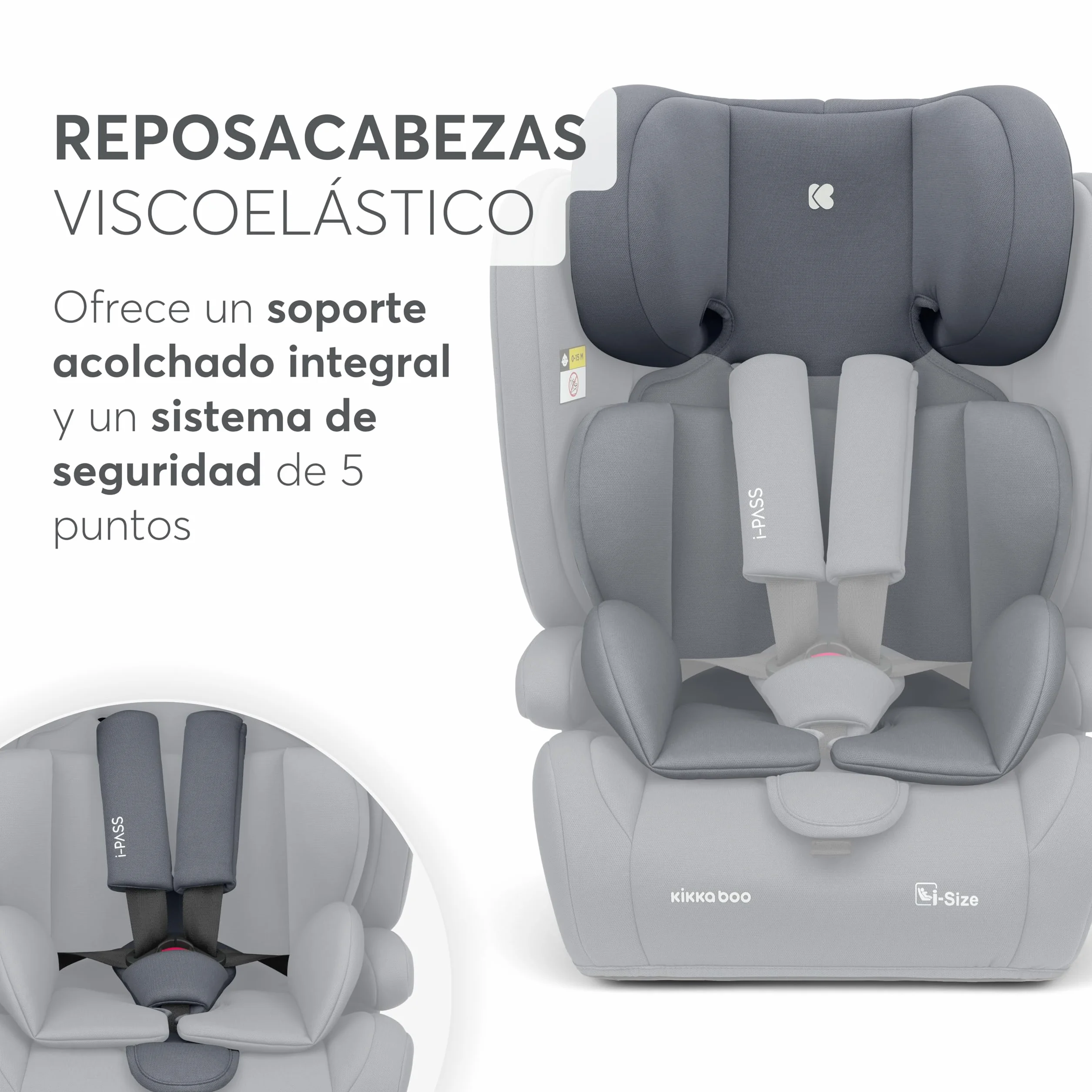 KikkaBoo Silla de Coche Grupo 1 2 3 i-PASS 9-36 kg 76-150cm Reposacabezas 13 Posiciones Gris