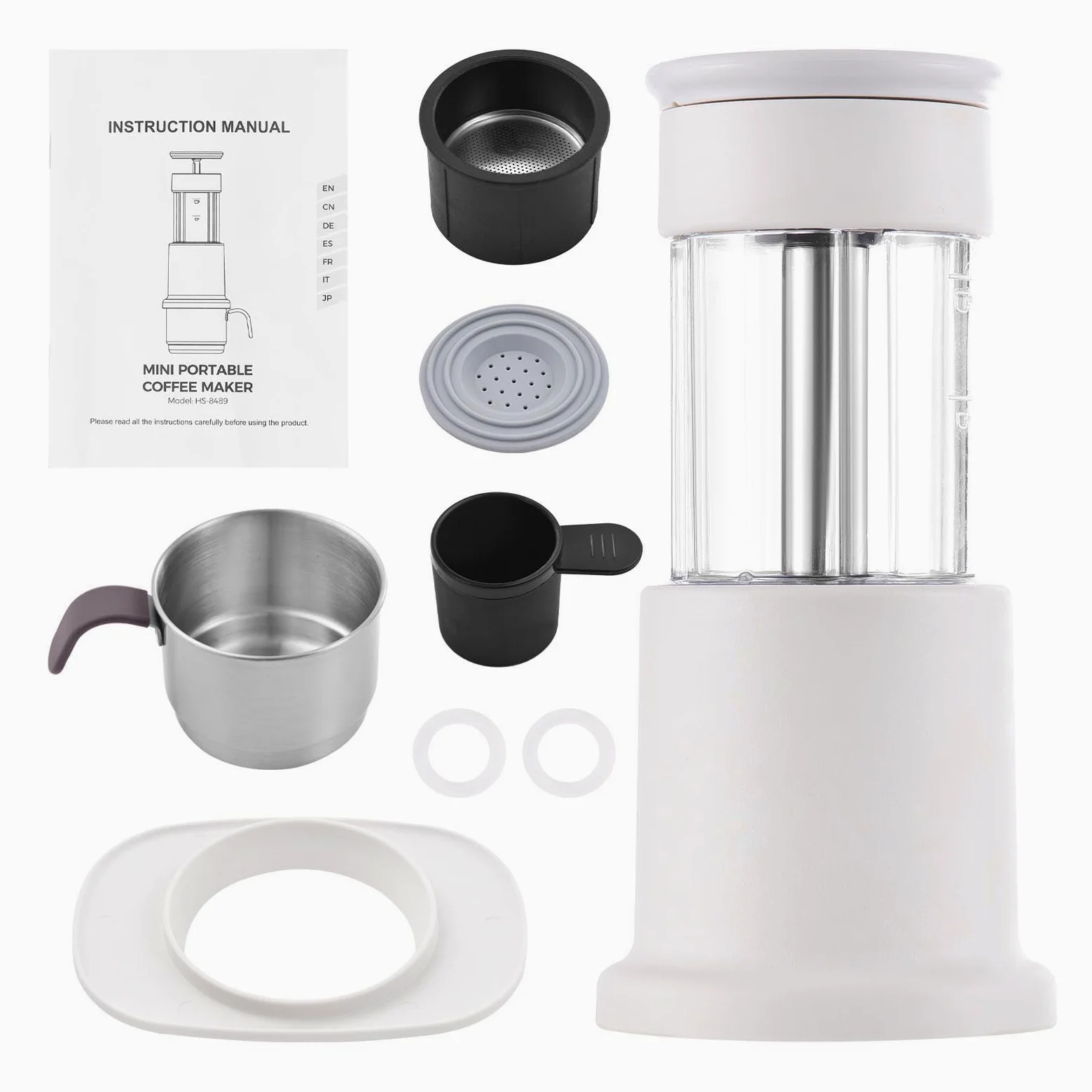 Compacta Prensada a Mano con Tanque de Agua de 80 Ml y Taza 120 Ml, Portátil para Caminatas y Viajes, Prensa Manual para un Auténtico Sabor a (Blanca)