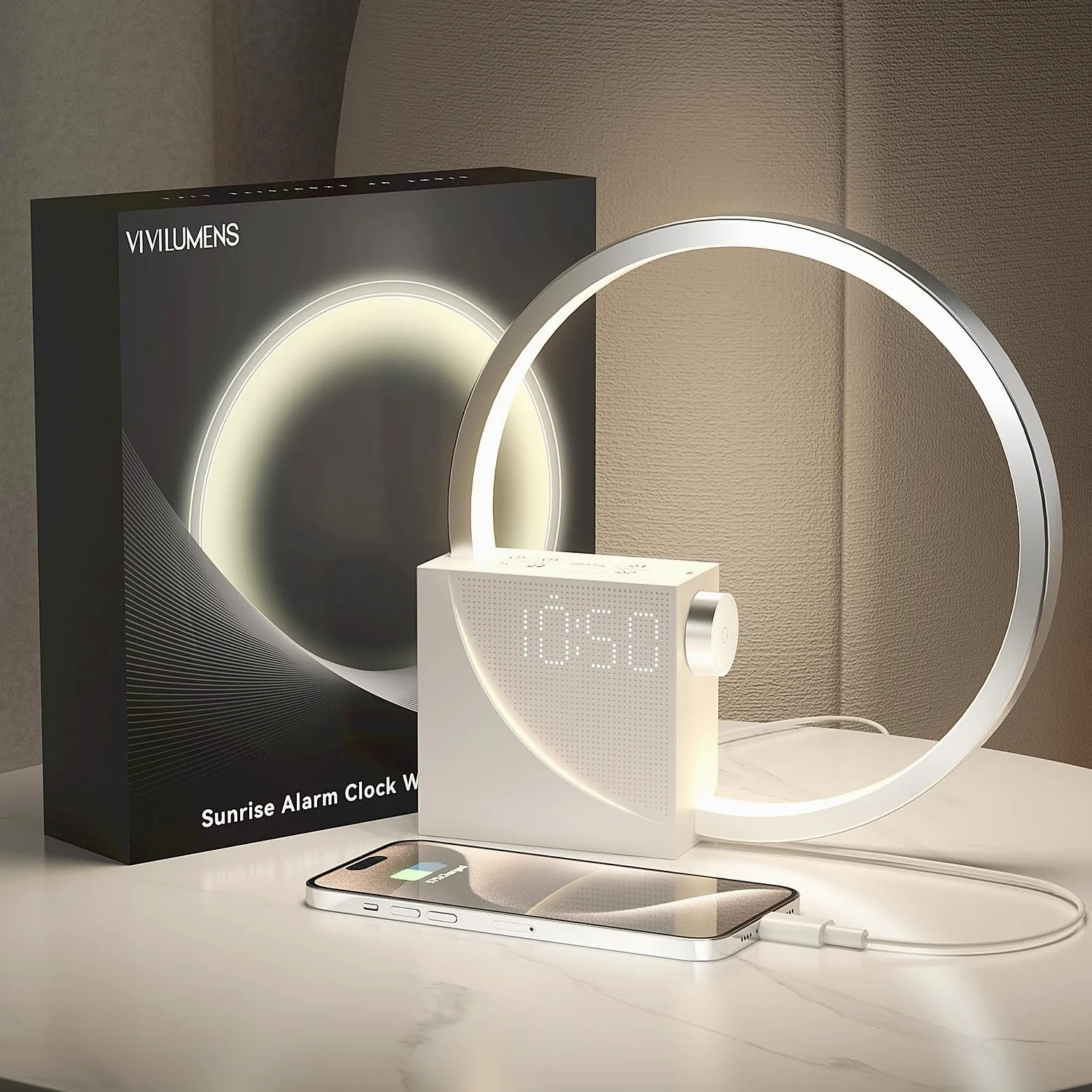 Vivilumens - Reloj despertador digital Sunrise, máquina de sonido de ruido blanco, temporizador de ayuda para dormir con puerto USB, visualización de relojes digitales regulables, repetición, 10 tonos