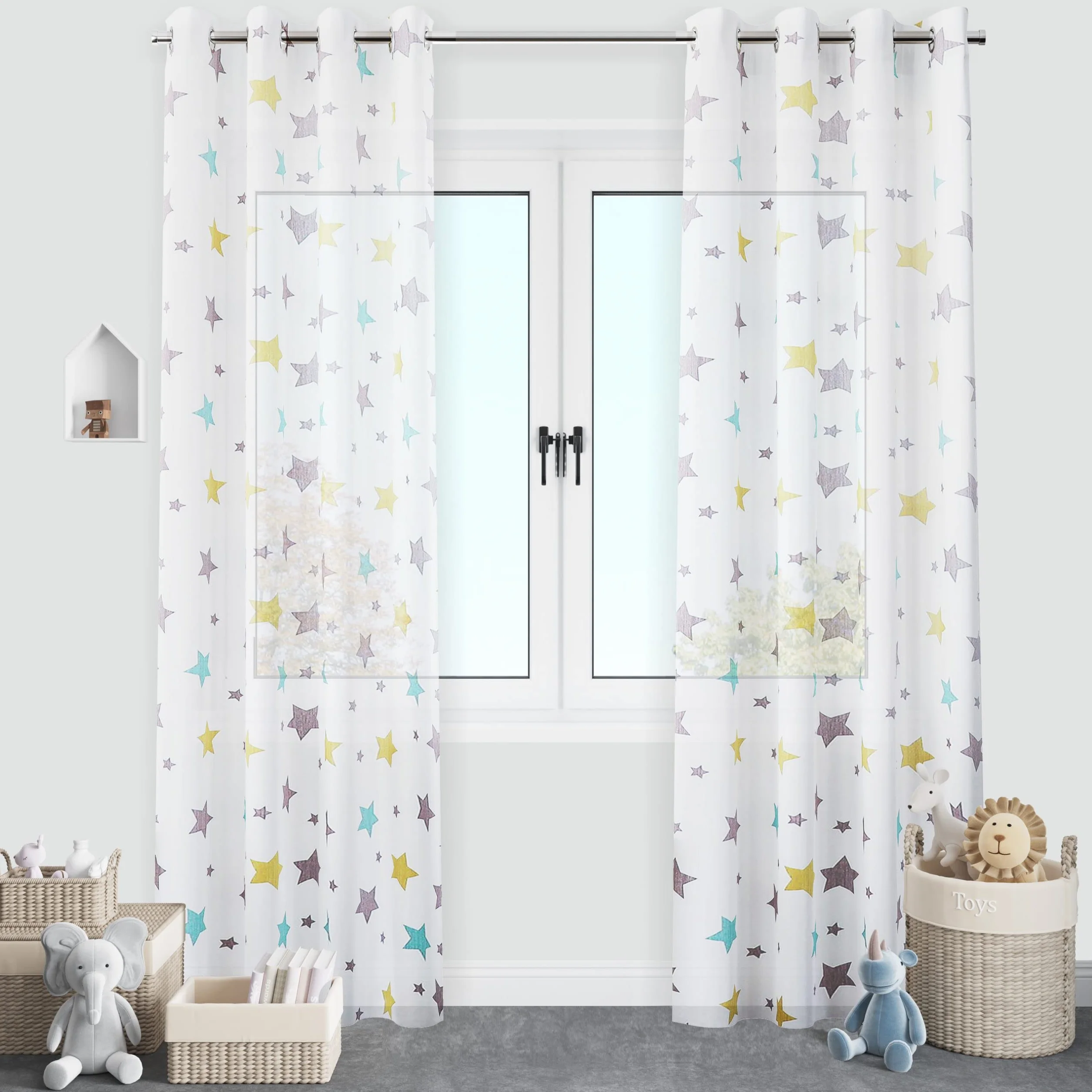 Cortinas Translúcidas Infantiles Niño 140x260cm 2 Paneles Estampado Estrellas Dalina Textil