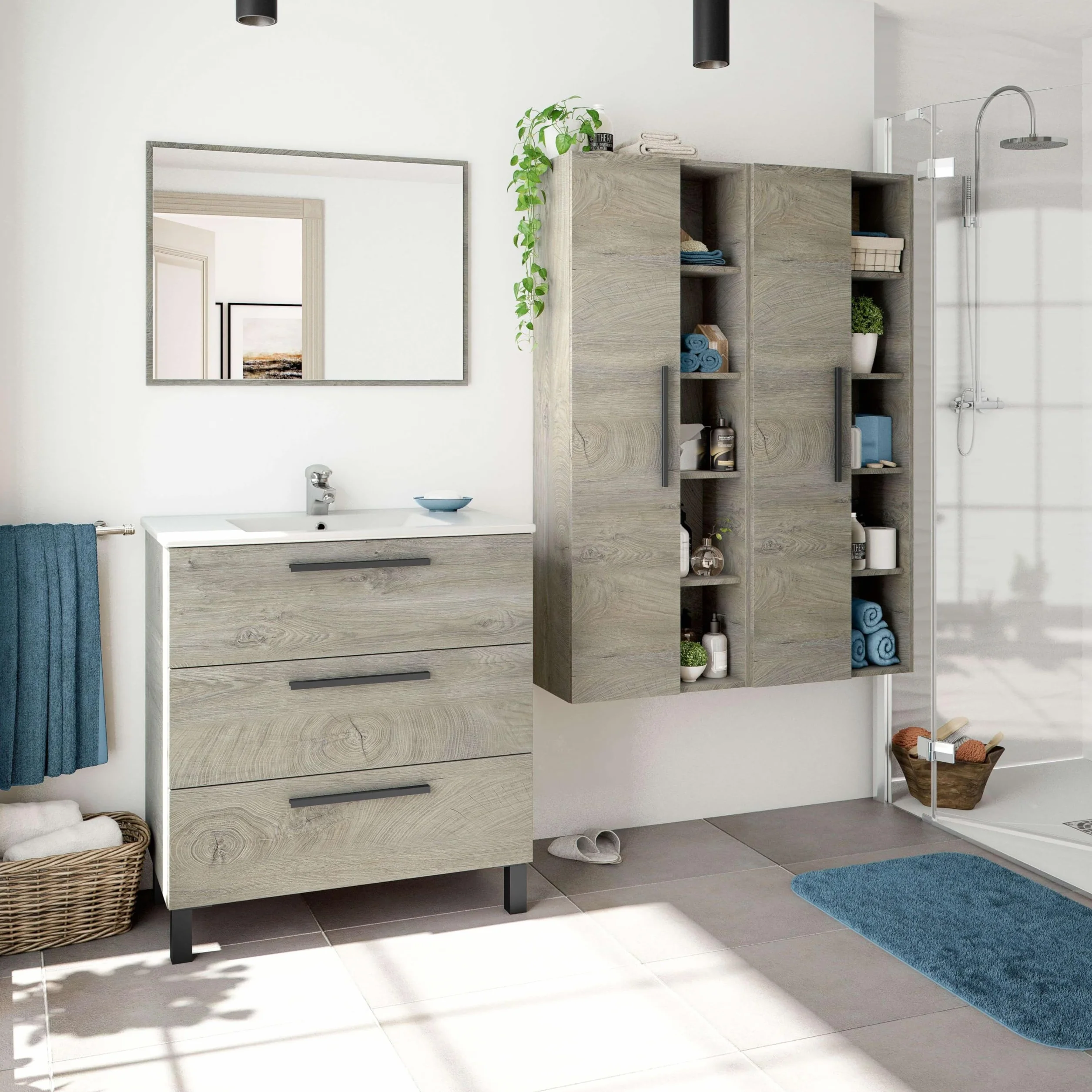 ARKITMOBEL - Columna de Baño Suspendida Grande con 1 Puerta y 7 Estantes, Armario Auxiliar para Baño, Color Roble Alaska, 135x51x25 cm - Modelo Athena