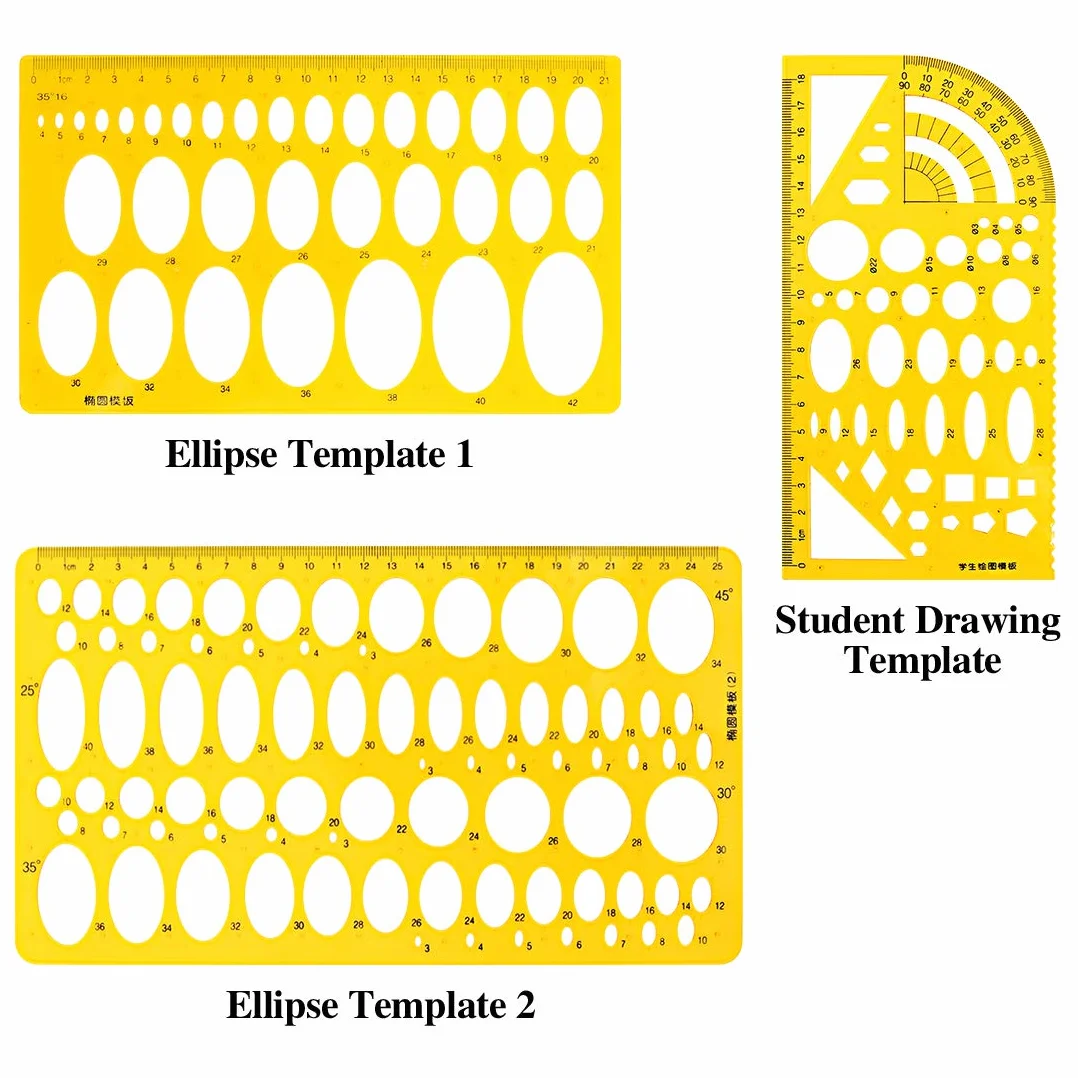 Sweet - Juego de 18 diseños geométricos de plástico amarillo, 10 diseños geométricos diferentes con 2 lápices y 5 reglas de medición