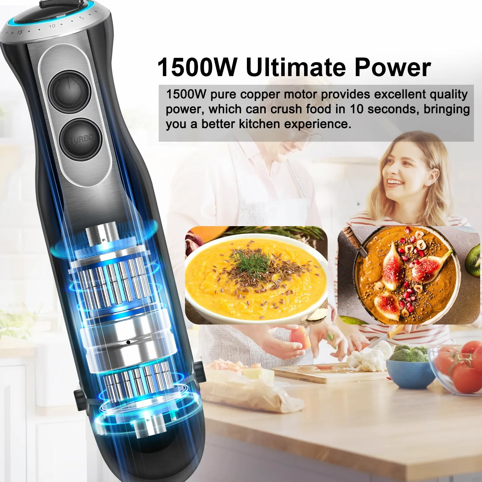1500W Batidora de Mano 4 en 1 Botón TURBO 20 Velocidades Batidora Picadora | Batidora de Inmersión Multifunción 4 Hojas de Acero Inoxidable, Batidor de Huevos, Vaso Medidor 600ml y Picadora 500ml