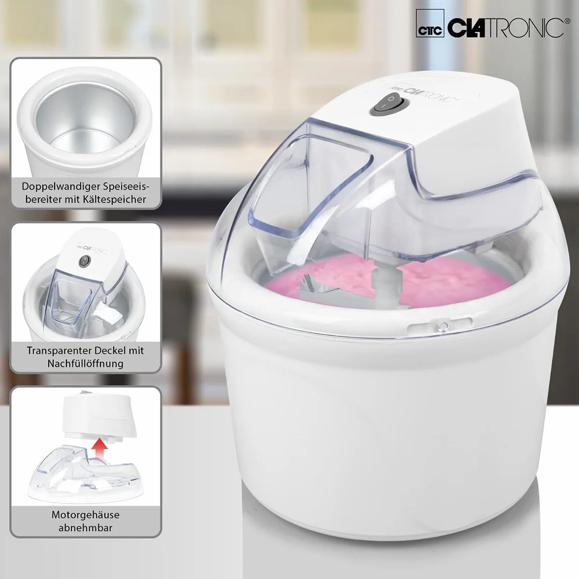 Clatronic máquina de hielo/máquina de té suave ICM 3764 para helado/sorbete/Yogur congelado/Slush, para el hogar, almacenamiento en frío, llenado, 1500 ml, incl. Sugerencias de recetas, blanco