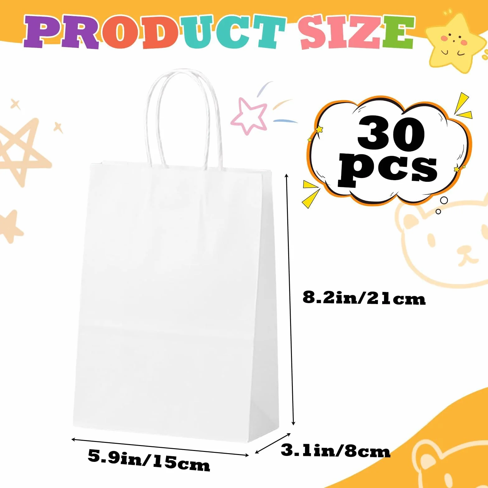 POPOYU 30 bolsas pequeñas de papel para fiestas con asas, 15 x 8 x 21 cm, bolsas de regalo de papel blanco para fiestas de adultos, cumpleaños, bodas, Navidad, Halloween, baby showers, despedidas de