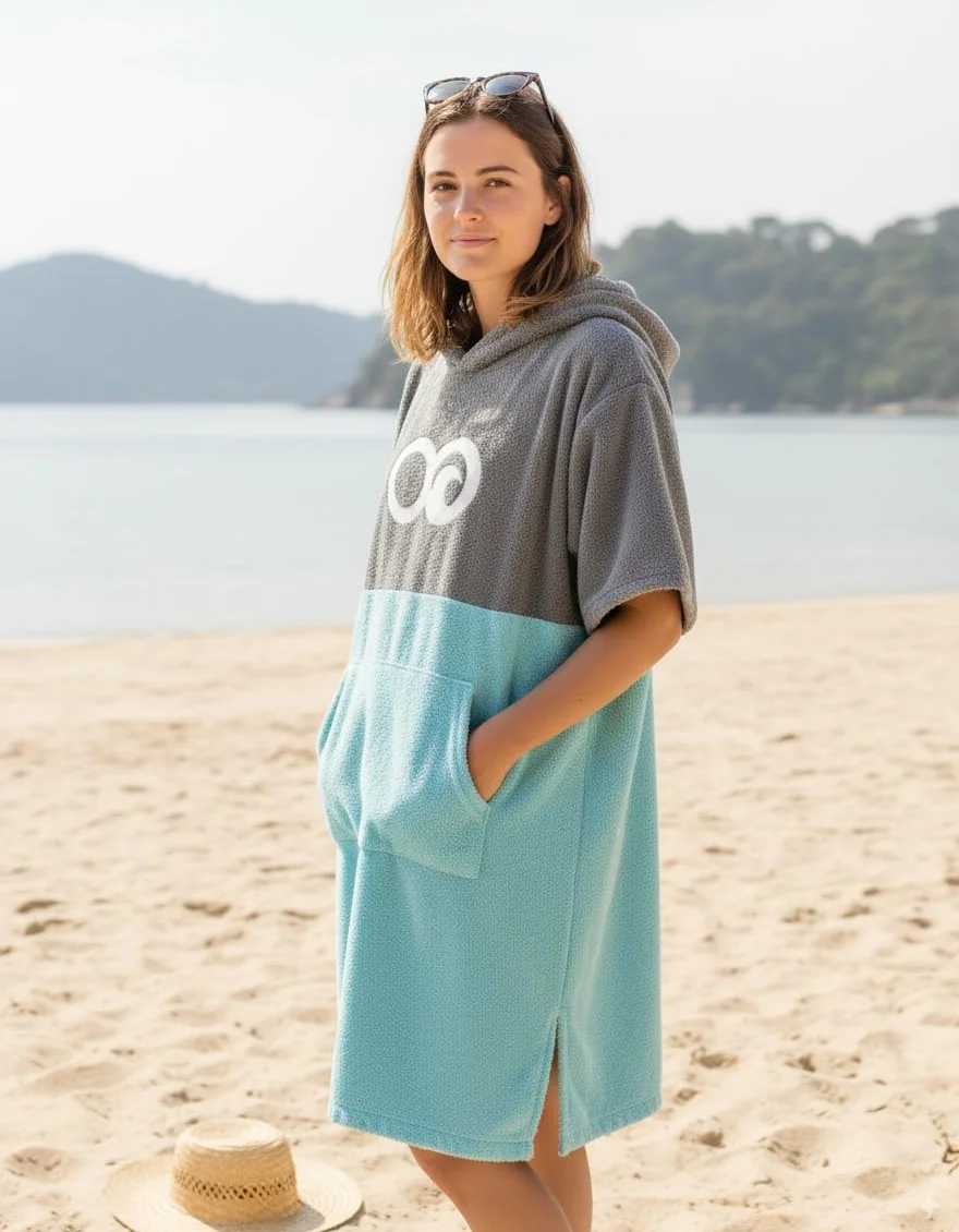 Poncho Toalla de Surf con Capucha y Bolsillo Menta Gris S/M