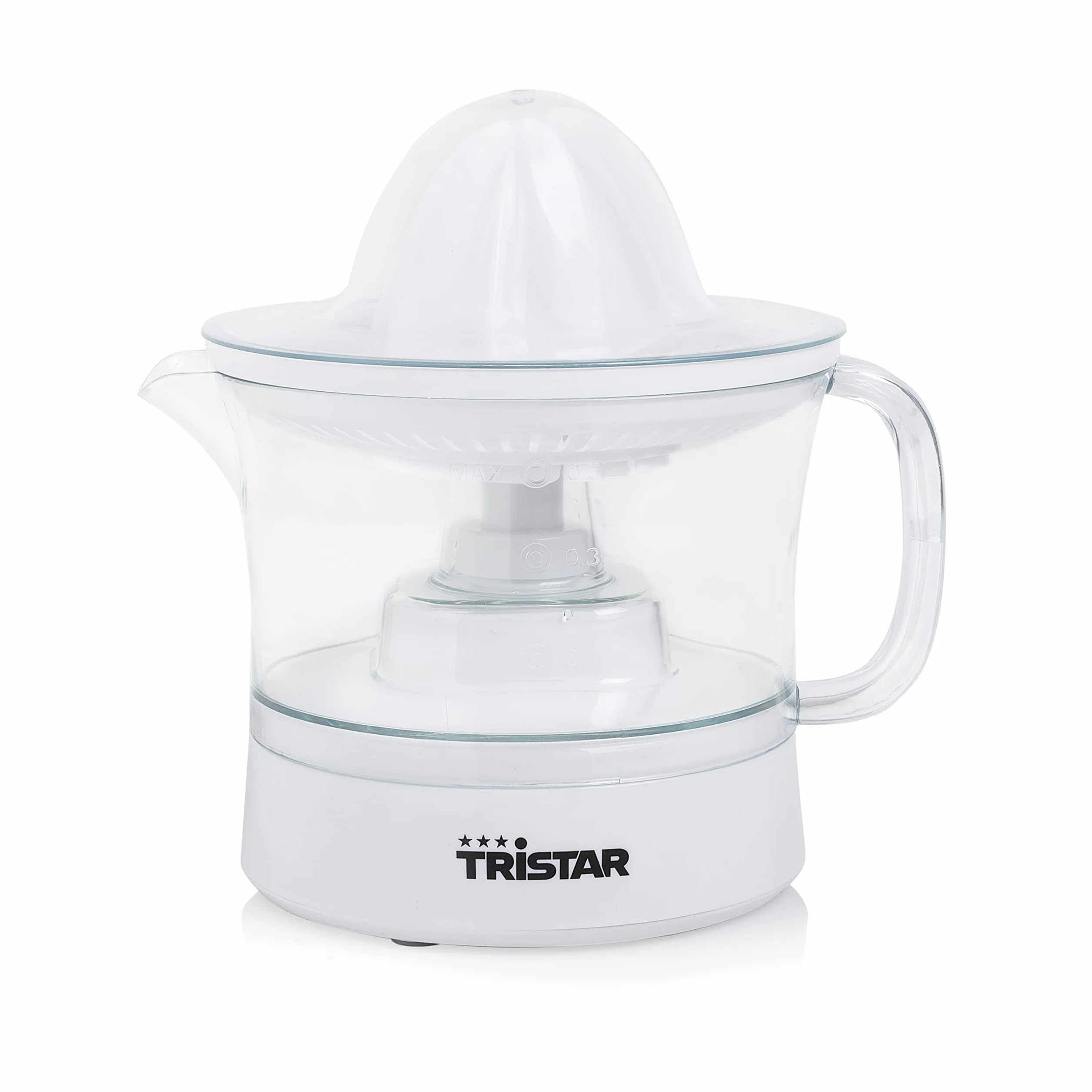 Tristar CP-3005 Exprimidor de cítricos · 25W · Capacidad de 0.5 L, 2 conos de diferente tamaño incluidos, Jarra extraíble, Tapa transparente antipolvo, libre de BPA, blanco