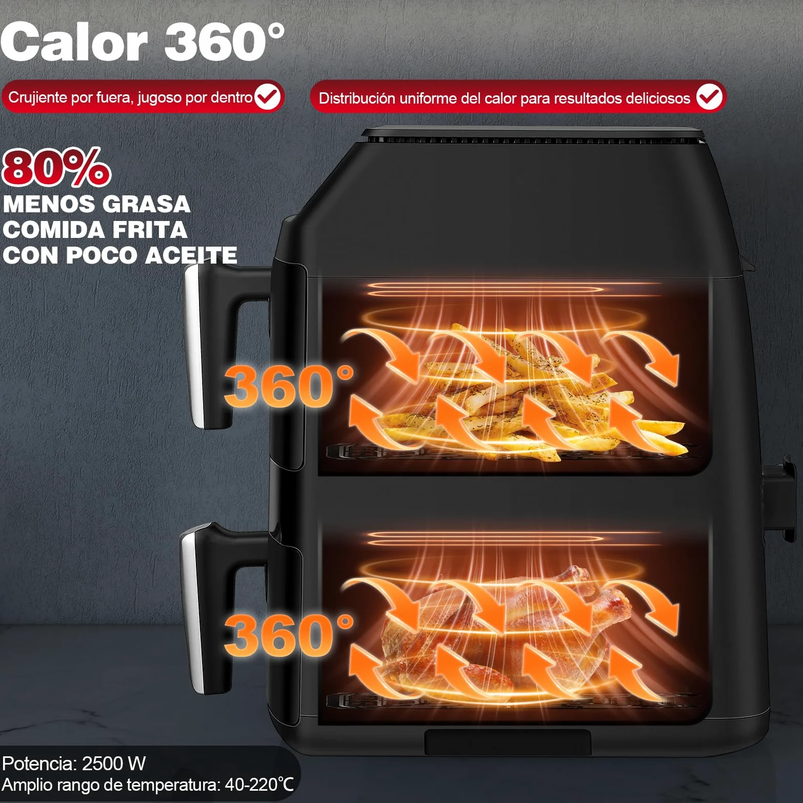 TopStrong Freidora de Aire XXL 11L, Air Fryer Doble Cesta Apilada, Freidora de Aire Doble Resistencia, 2500W, 6 Funciones, 8 Recetas, Lavavajillas, Ahorro Energético