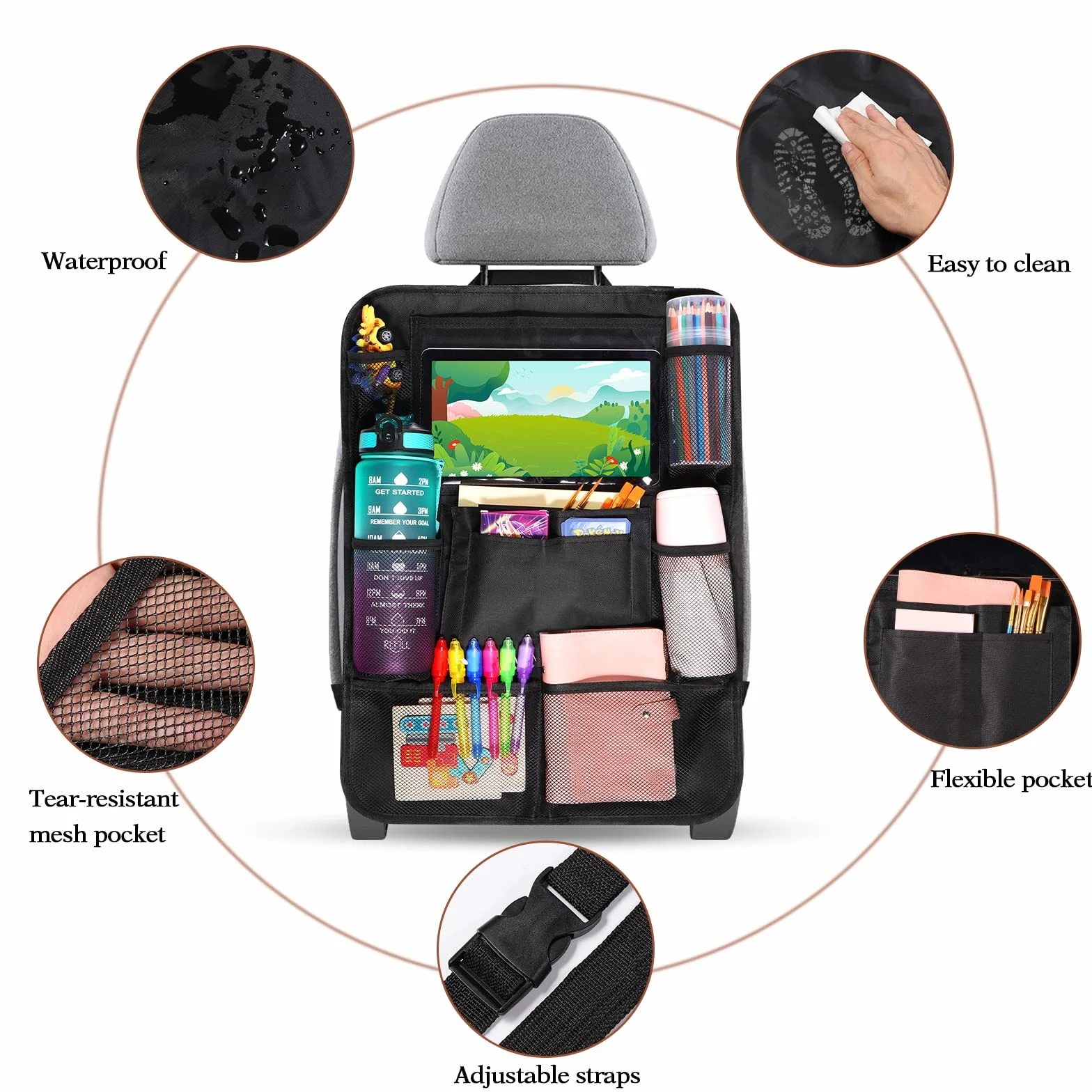 Diboniur Organizador Asiento Coche, Protectores de Asiento para Coche con 10 Bolsillos, Organizador Asiento Trasero Niños para Tablet iPad de 9.7'' y 10.5'' para Juguetes Libros