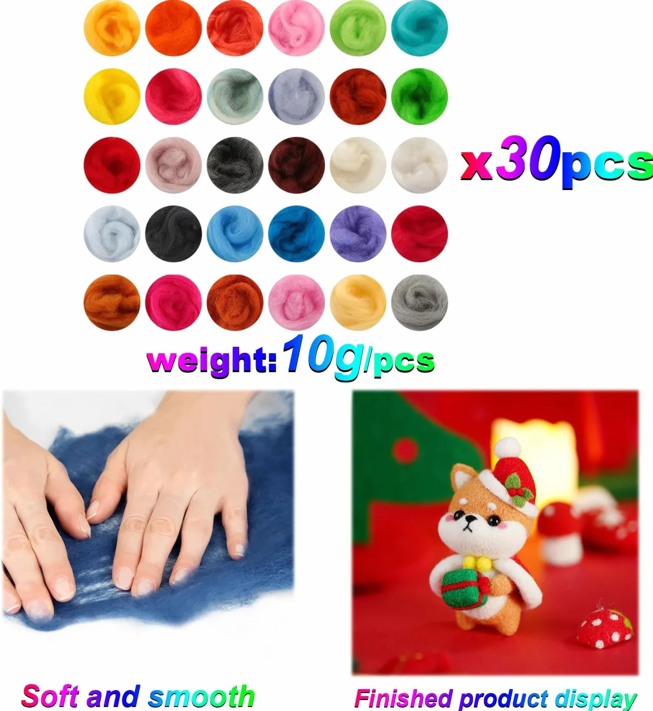 HJYDGJ Juego de 30 lana de oveja natural para principiantes, 30 colores cada uno de 10 gramos de lana de oveja, juego de fieltro, juego de iniciación para principiantes, proyectos de manualidades con