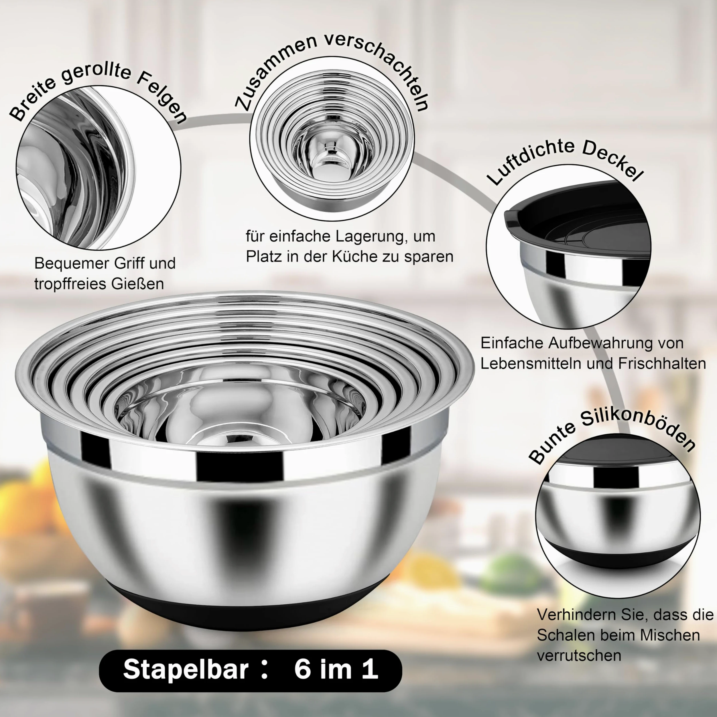 Homikit Juego de 6 cuencos para mezclar, acero inoxidable, color negro, ensaladera con 3 accesorios para mezclar y mezclar, tapa hermética y base de silicona, 4,6 l, 2,8 l, 2,5 l, 1,6 l, 1,2 l, 0,7 l,