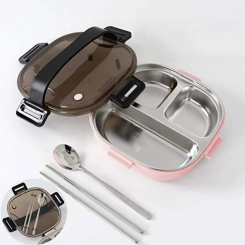 Fiambreras Bento Box de acero inoxidable con compartimentos separados, portátiles y aislantes, cubiertos for adolescentes(Pink)