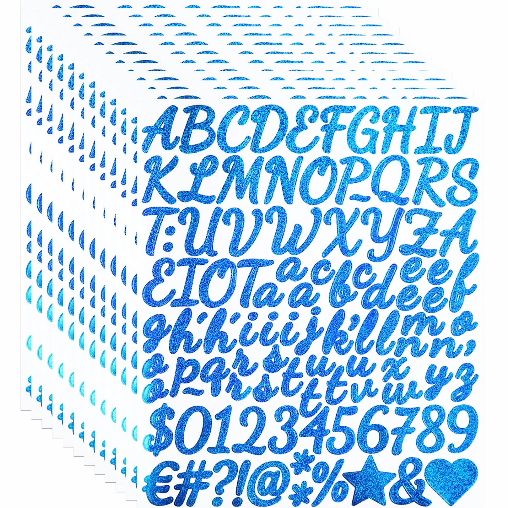 1248 calcomanías con purpurina para números de letras, 1 pulgada con símbolo del alfabeto brillante para álbumes de recortes, tarjetas de felicitación, bricolaje, azul claro