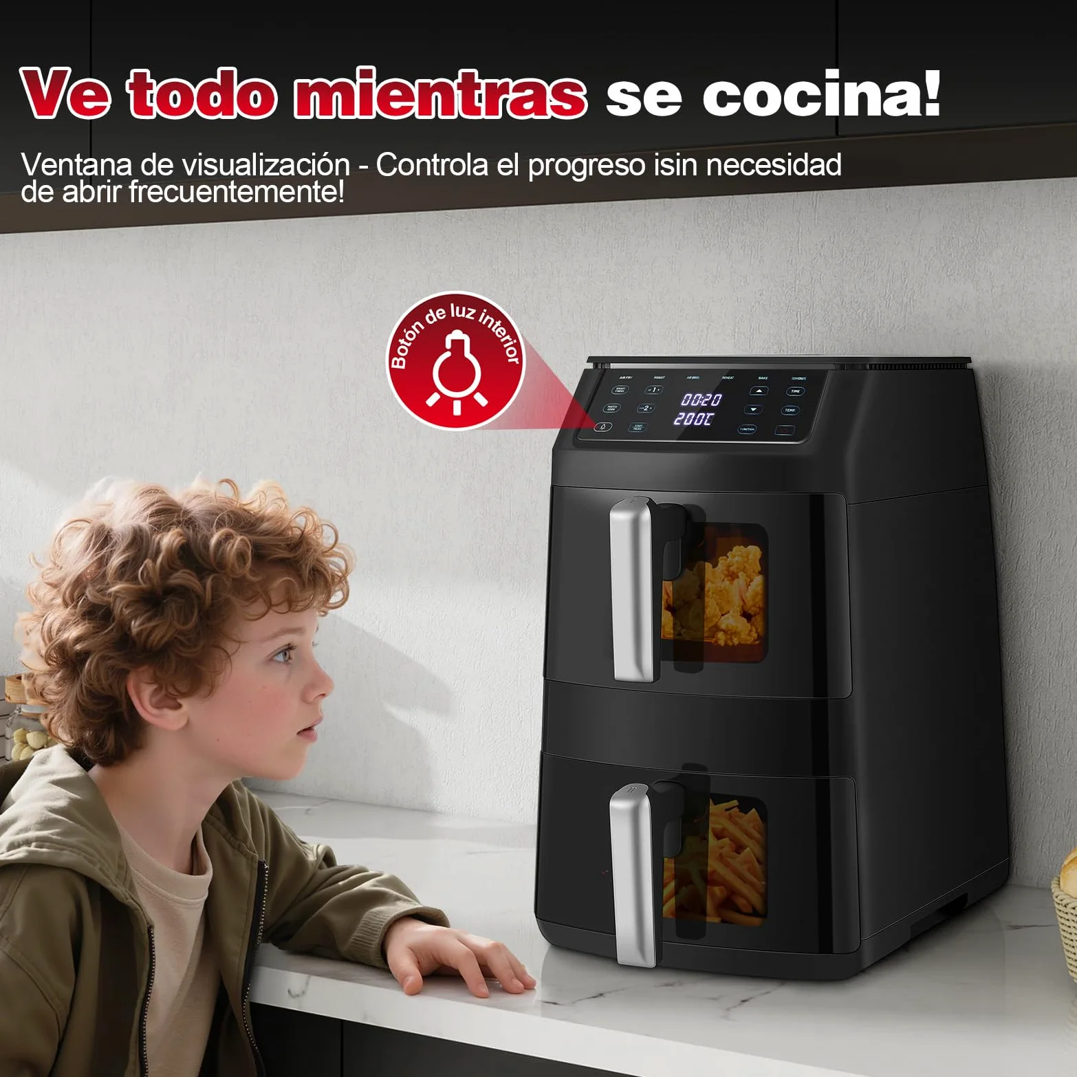 TopStrong Double Stack Freidora de aire, 11 L Air Fryer Doble Cesta Vertical, 40℃-220℃, 6 Funciones de Cocción & 8 Programas Preconfigurados, Ahorrar Espacio, 2500W (Negro Ventana)