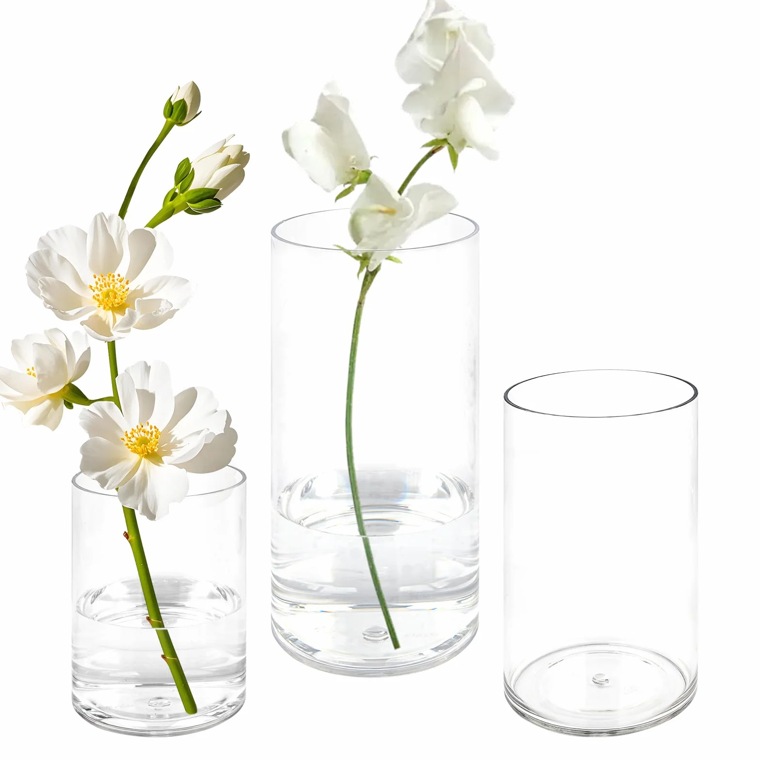 Olrla Jarrones cilíndricos transparentes, juego de 3 piezas, jarrones pequeños de acrílico para decoración de mesa de boda, decoración del hogar, decoración de oficina, irrompible
