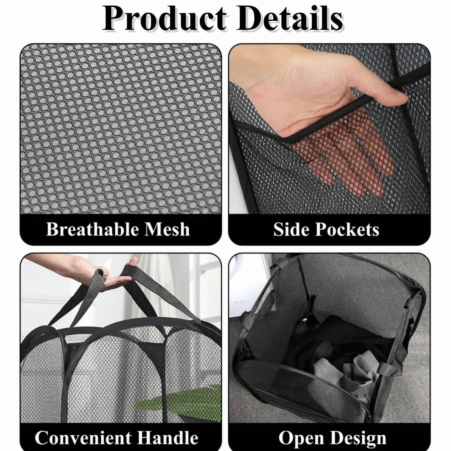 cestas plegables para la ropa sucia,36 x 36 x 58 Cesta de lavandería plegable Pop-Up Malla Cesto de Ropa con Asas para viajes de negocios,viajes y camping (negro)