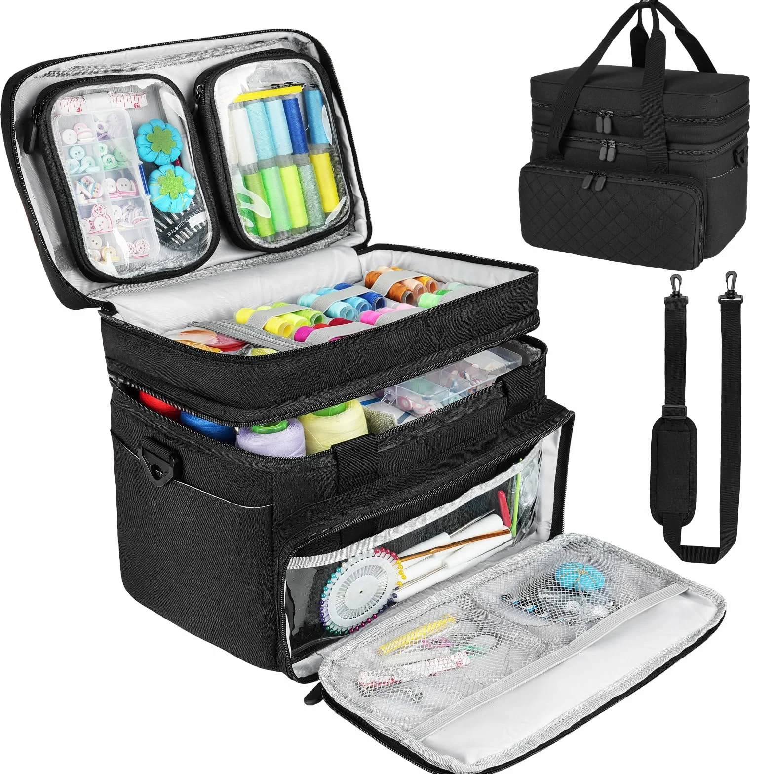 Estuche organizador de accesorios de costura con correa para el hombro, bolsa de almacenamiento de costura de doble capa con 2 bolsas desmontables para accesorios de costura y suministros, Black