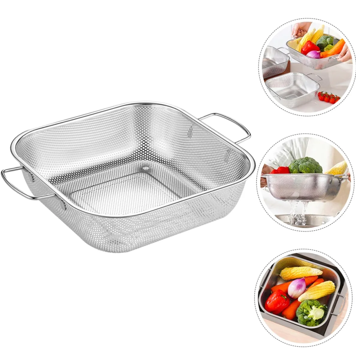 Colador de Acero Inoxidable con Asas Dobles, 1 Pieza, Plata | Gran Capacidad, Drenaje y Filtrado de Agua, Formato Cuadrado para Lavado de Frutas y Verduras