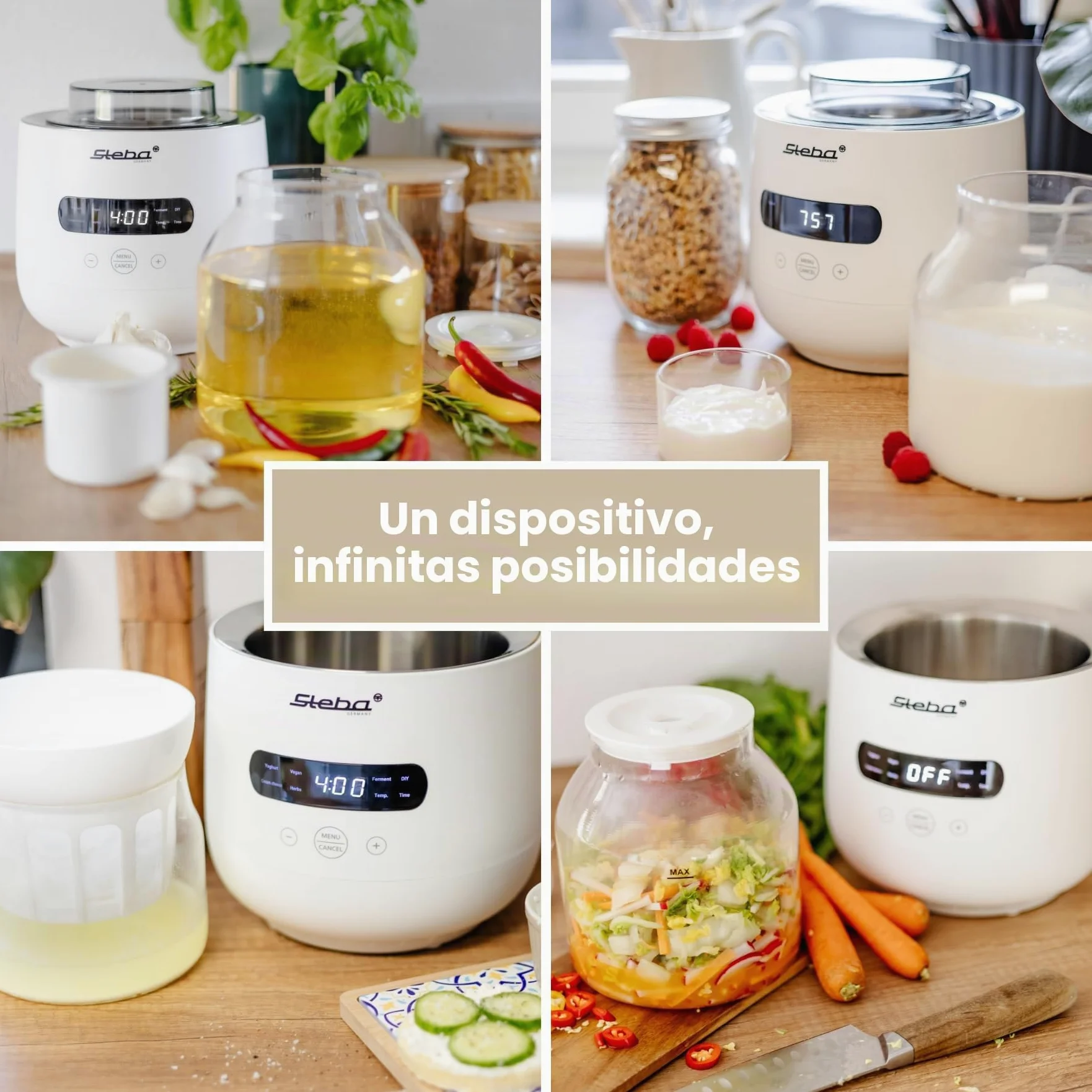 Yogurtera Steba para hacer yogur casero con una consistencia perfecta, 5 programas aromáticos, pies de goma antideslizantes y fácil limpieza. FERMENTO JM 4.